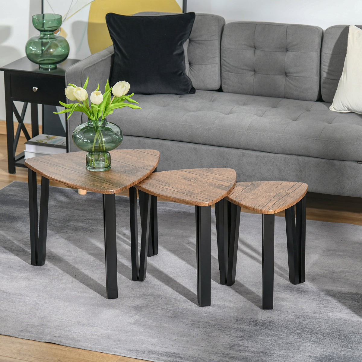 HOMCOM Nesting Coffee Tables Set of 3, MDF Steel, Versatile End Side Tables, Walnut Wood Effect