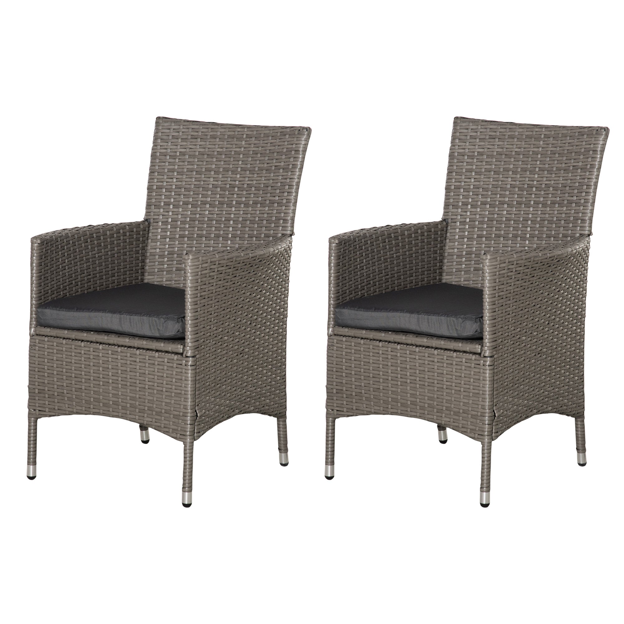 Kozy 2 Pieces Outdoor PE Rattan Dining Chairs Set with Cushion, Garden Armchair with Armrests, High Backrest, Metal Frame Patio Wicker Furniture, Grey