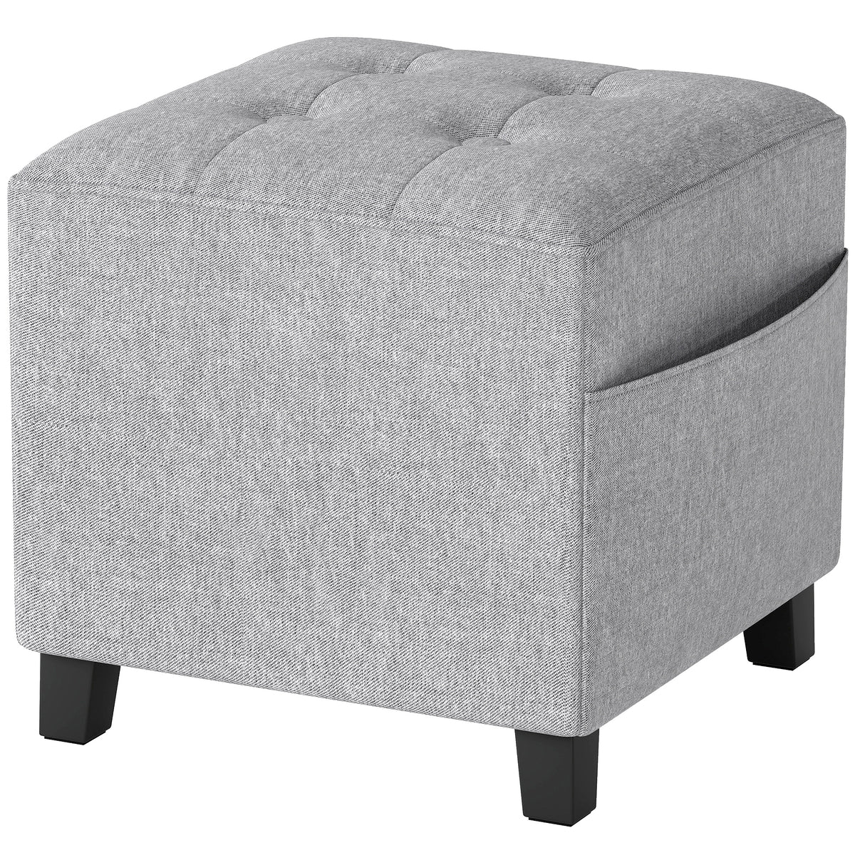Kozy - Square Footstool, Small Ottoman with Side Pocket, Linen Fabric Footrest Foot Stool with Rubber Wood Legs and Padded Seat for Living Room, Bedroom, Entryway, 35 x 35 x 35cm, Light Grey