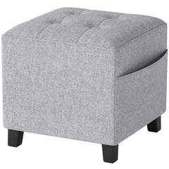 Kozy - Square Footstool, Small Ottoman with Side Pocket, Linen Fabric Footrest Foot Stool with Rubber Wood Legs and Padded Seat for Living Room, Bedroom, Entryway, 35 x 35 x 35cm, Light Grey