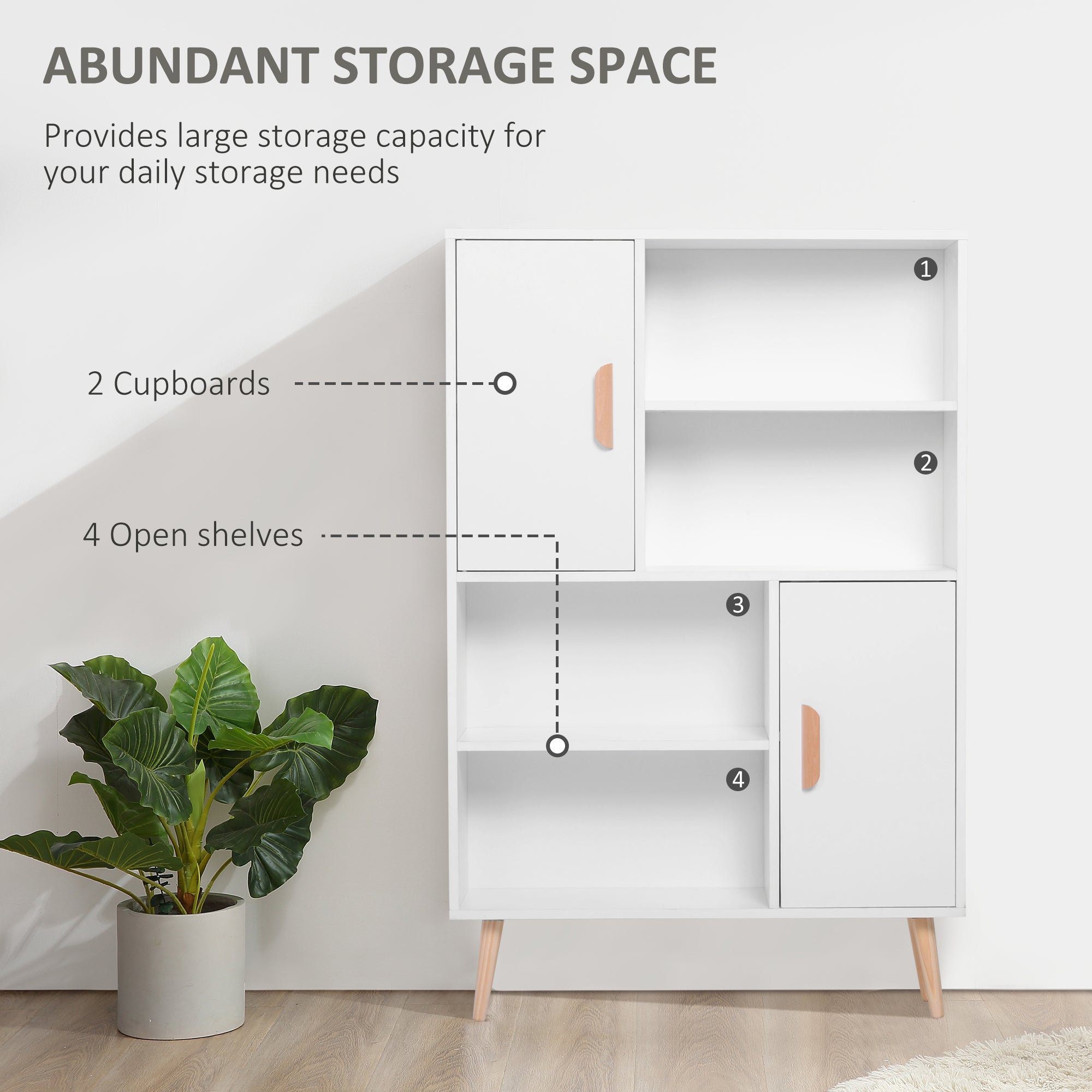 HOMCOM Sideboard Bookshelf Free Standing Bookcase Shelves Unit Display Storage Cabinet Wooden Leg w/ Two Doors White