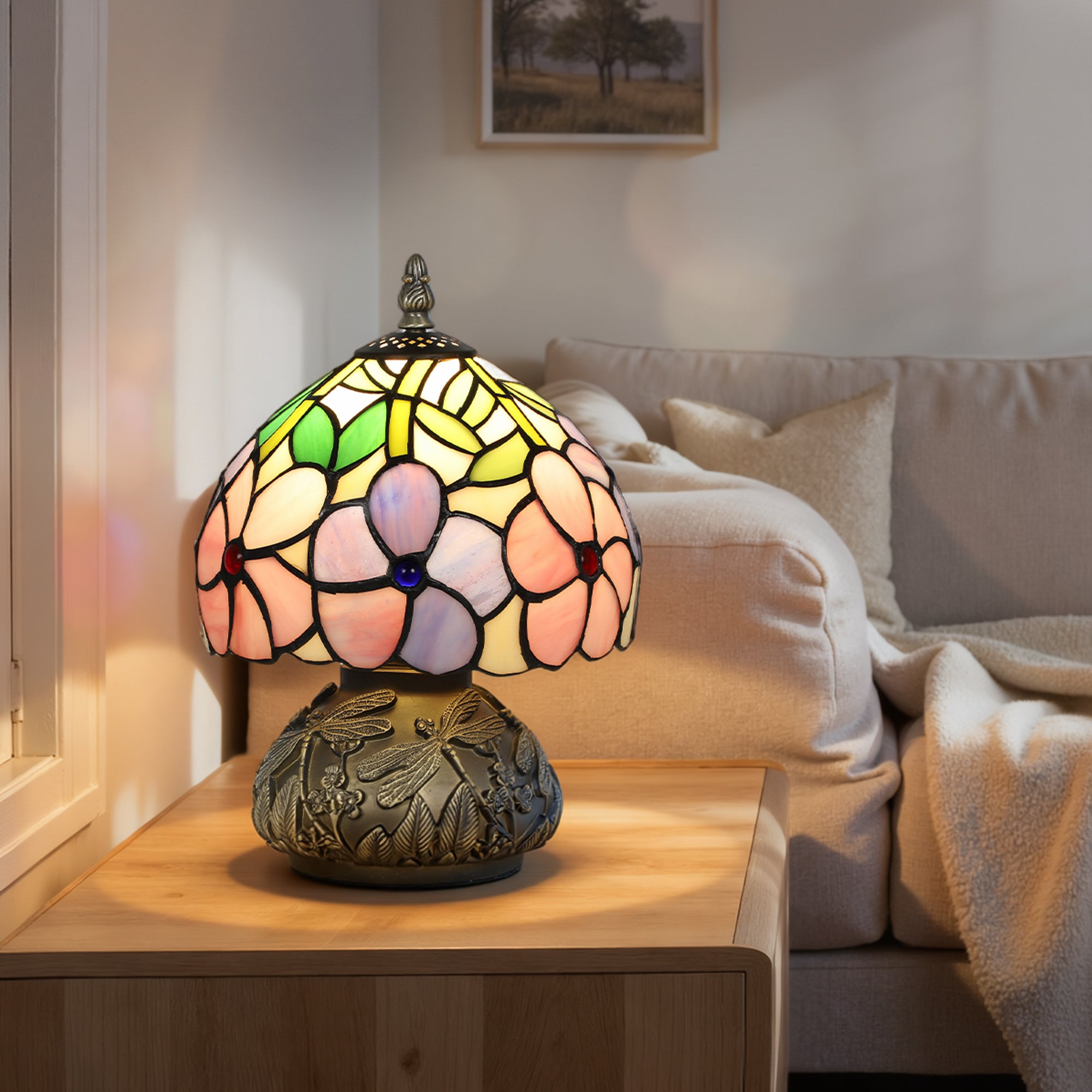 Kozy Tiffany-Style Table Lamp with Sculpted Dragonfly Base, Handcrafted Antique Stained Glass Bedside Lamp for Living Room and Bedroom, E27 Socket, Pink