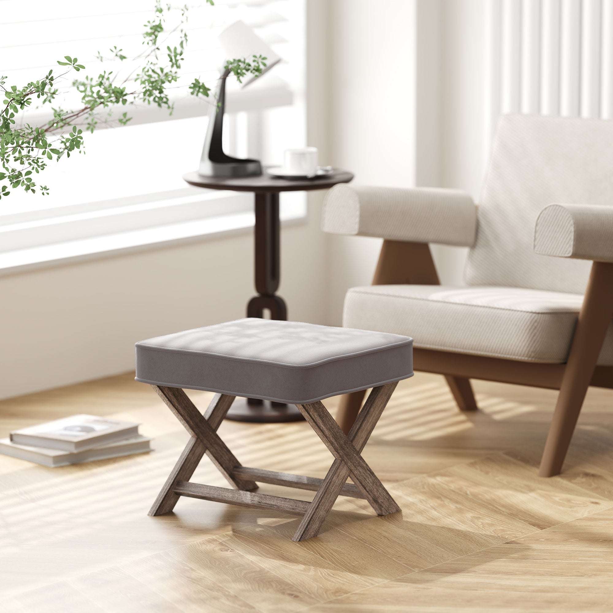 Kozy Vintage Footstool Padded Seat X Leg Chair Velvet Cover Shabby Chic Footrest Solid Rubber Wood Frame 49.5 x 45 x 41 cm Grey