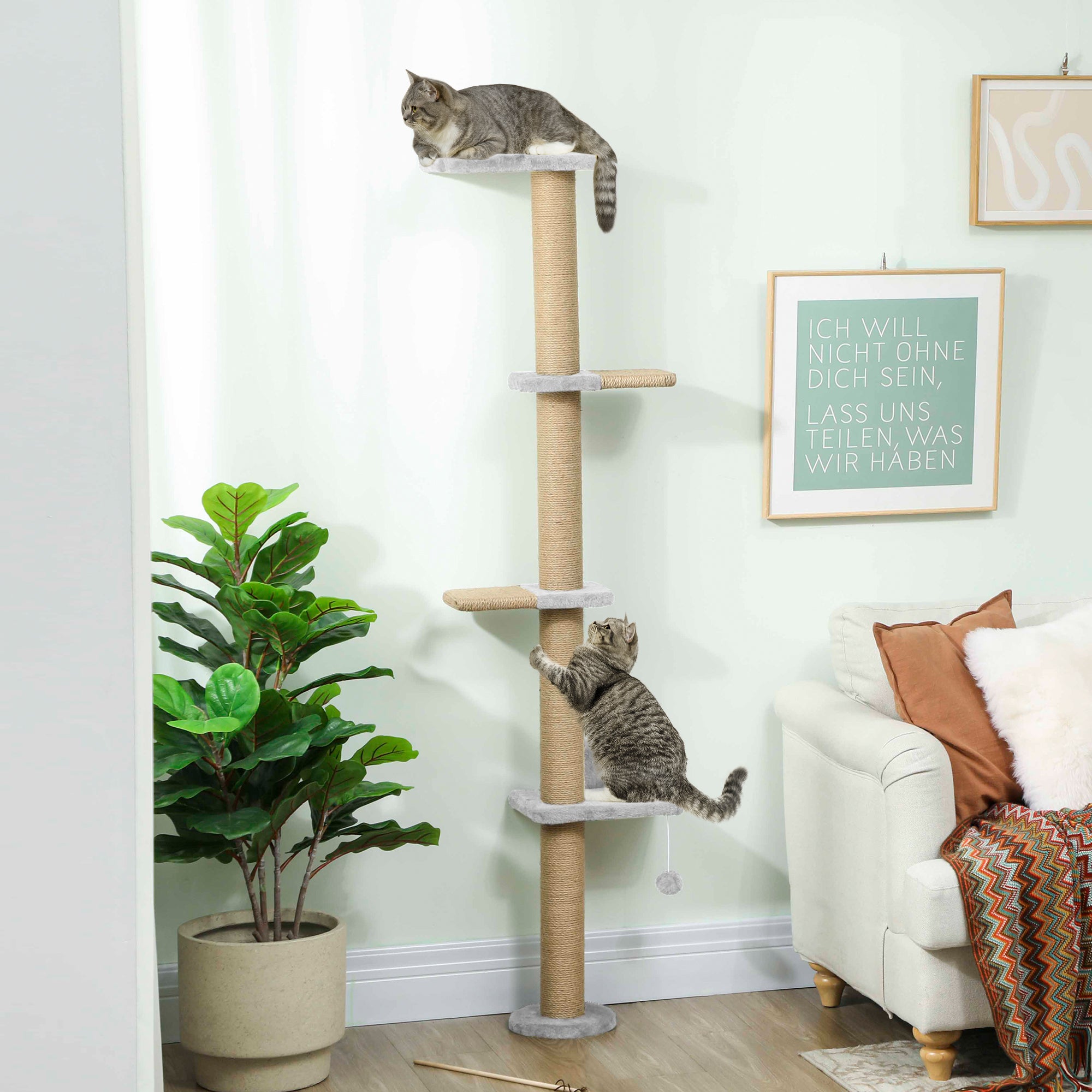 Kozy - Wall Mounted Cat Shelves, Cat Climbing Wall with 4 Climbing Platforms, Jute Scratching Post and Toy Ball,180cm Tall, Light Grey
