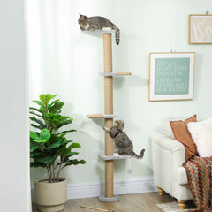Kozy - Wall Mounted Cat Shelves, Cat Climbing Wall with 4 Climbing Platforms, Jute Scratching Post and Toy Ball,180cm Tall, Light Grey
