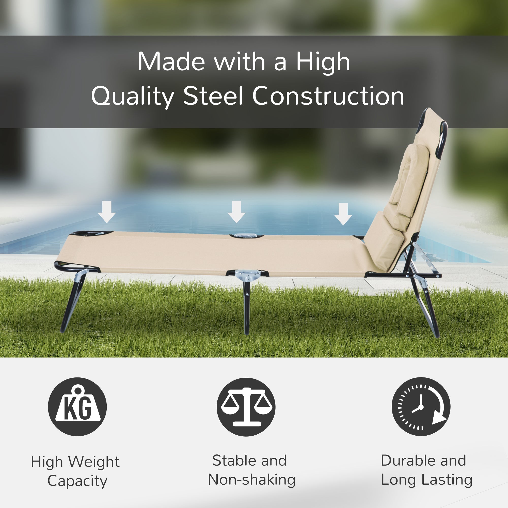 Kozy Outdoor Folding Sun Lounger with Face Hole, 4 Level Adjustable Backrest Reclining Garden Lounger, Garden Recliner Sunbed with 600 D Oxford Cloth Seat and Pillow for Beach, Beige