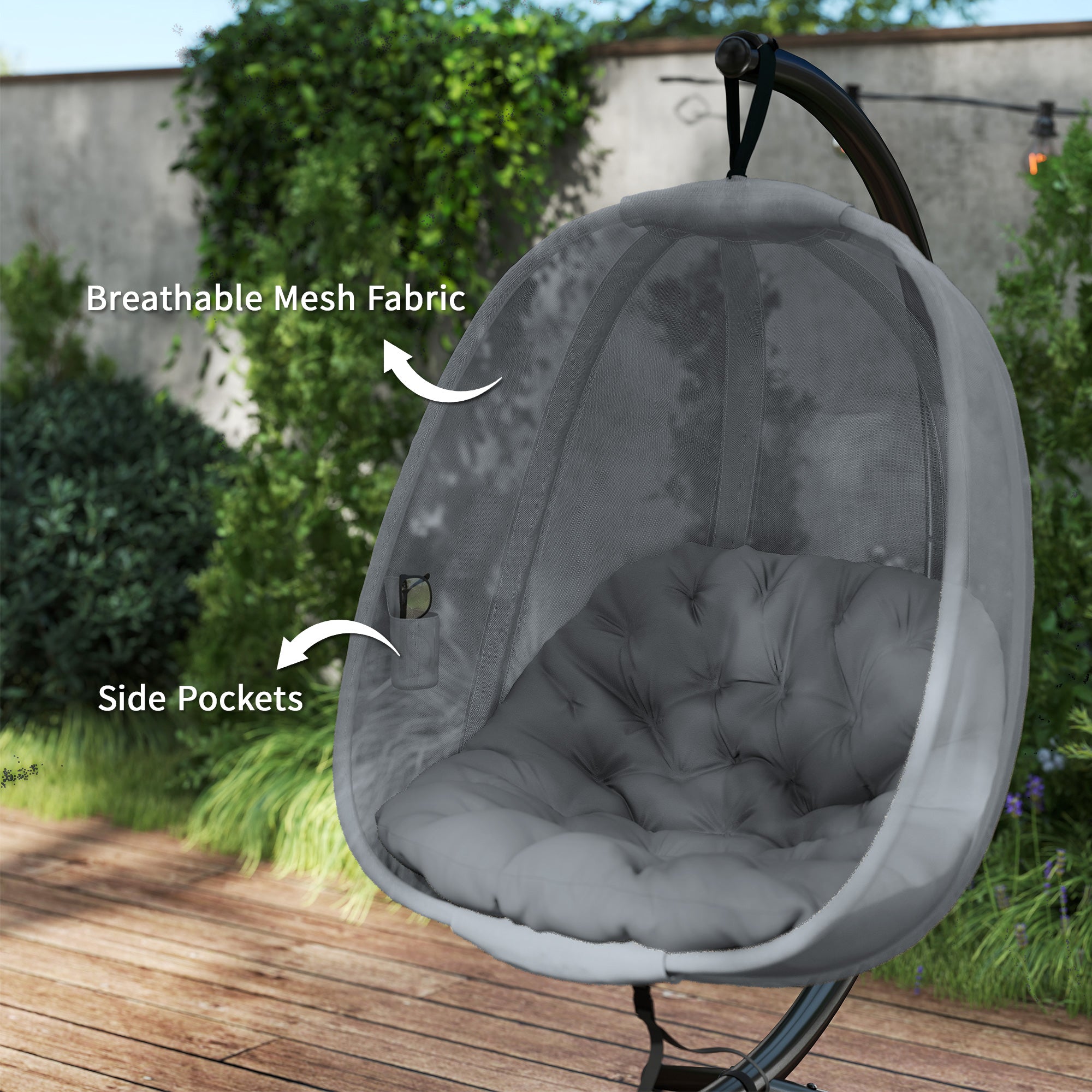 Kozy Hanging Egg Chair, Folding Texteline Swing Hammock with Side Pocket, Cushion and Stand for Indoor Outdoor, Patio Garden Furniture, Grey