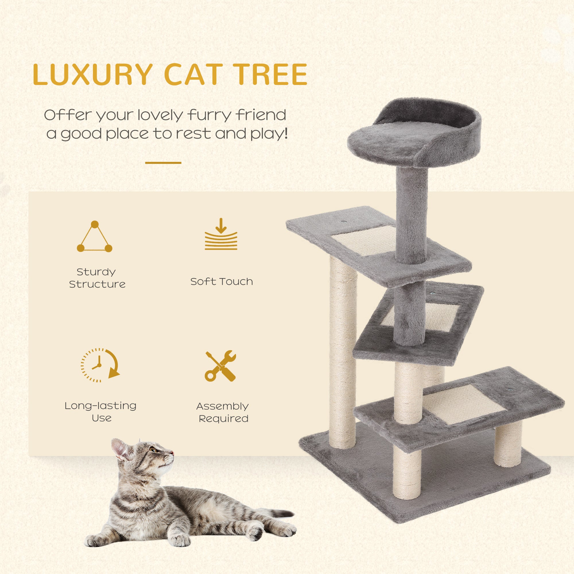 PawHut Cat Tower, Kitten Scratch Post, Sisal Climbing Activity Centre, Durable & Comfortable, Grey.