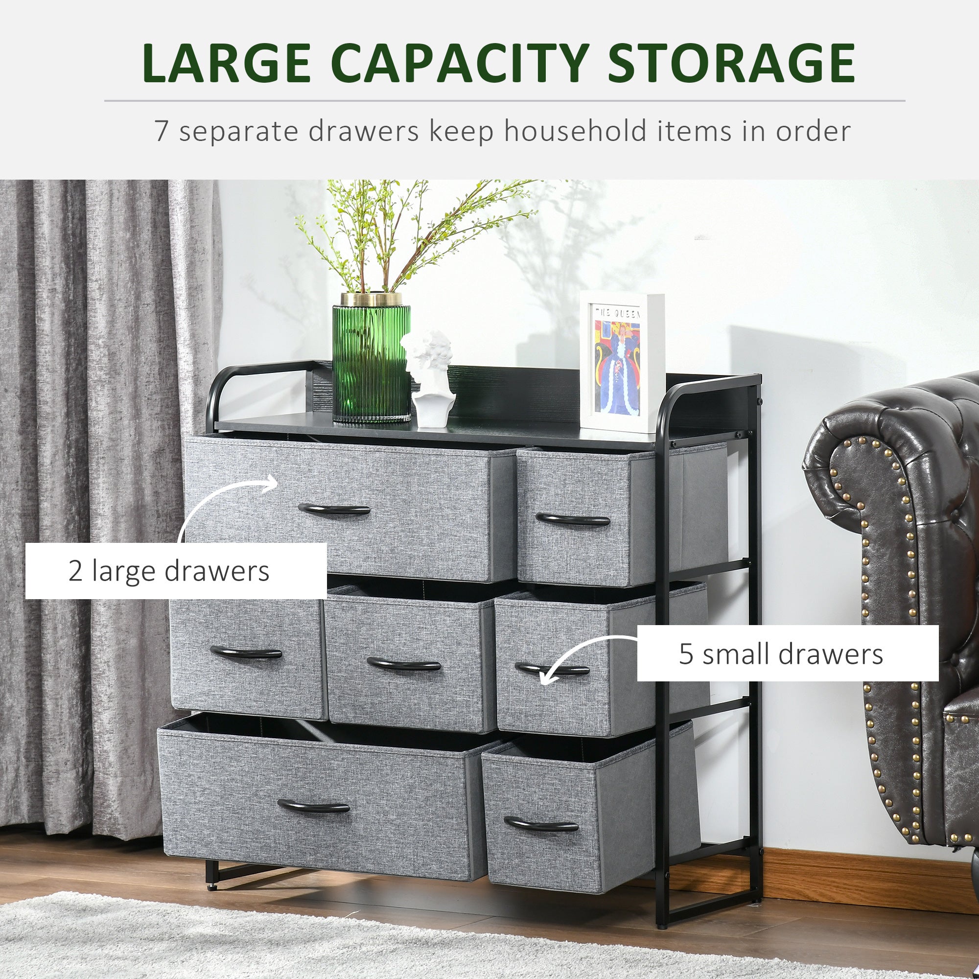 Kozy Chest of Drawers with 7 Foldable Drawers, 3-Tier Fabric Bedroom Dresser, Clothes Storage Unit for Bedroom, Living Room, Grey