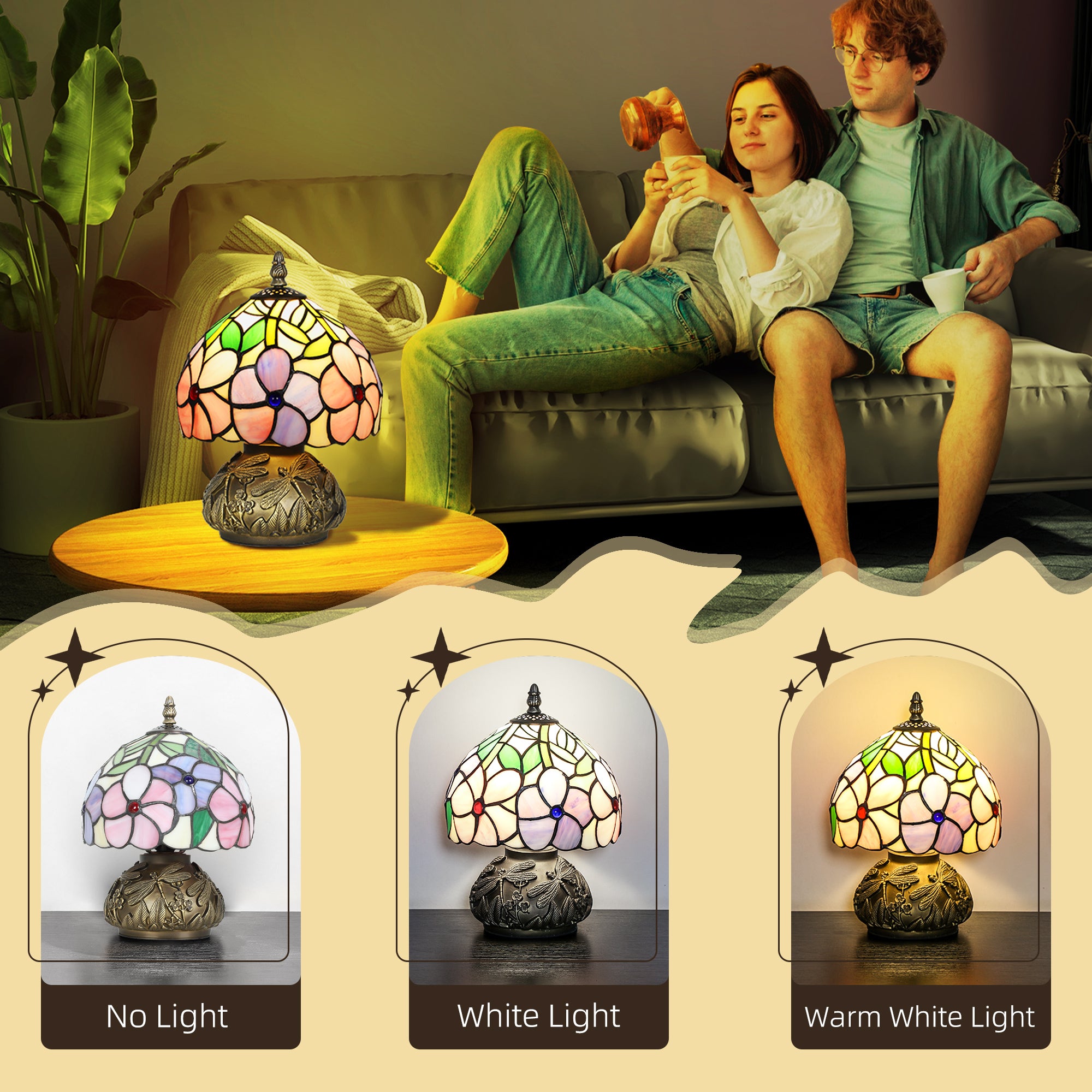 Kozy Tiffany-Style Table Lamp with Sculpted Dragonfly Base, Handcrafted Antique Stained Glass Bedside Lamp for Living Room and Bedroom, E27 Socket, Pink