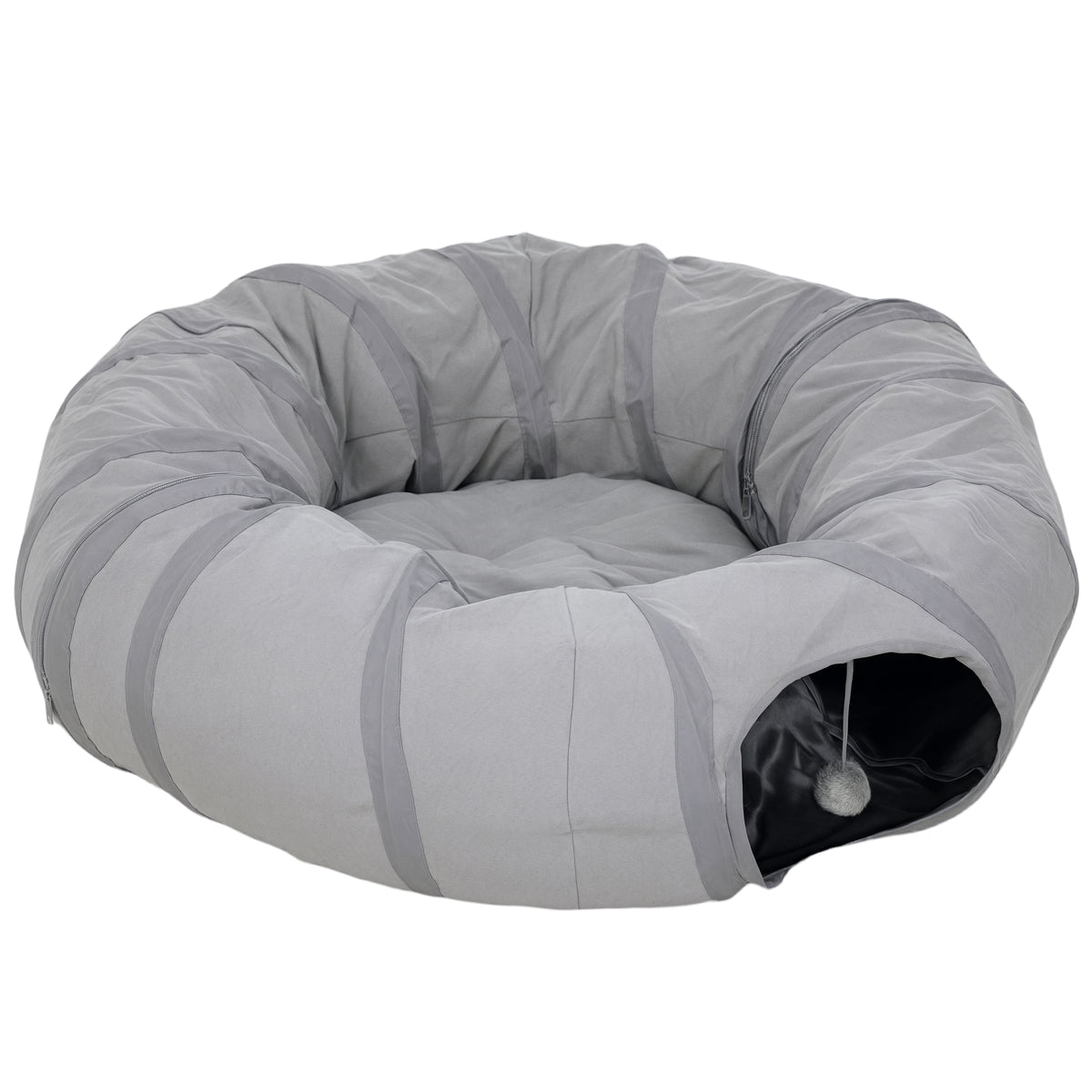 Kozy - 2 in 1 Cat Tunnel with Bed, Cat Play Tunnel with Ball & Peek Hole for Indoor Cats, Grey