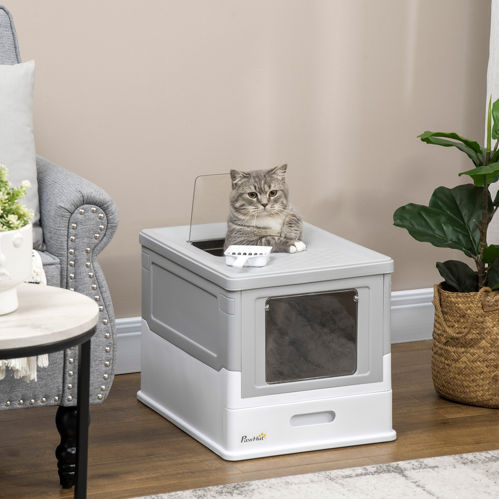 PawHut Hooded Cat Litter Box with Scoop, Front Entry Top Exit, Portable Pet Toilet, Large Space, Easy Assemble, Grey | Aosom UK