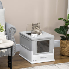 PawHut Hooded Cat Litter Box with Scoop, Front Entry Top Exit, Portable Pet Toilet, Large Space, Easy Assemble, Grey | Aosom UK