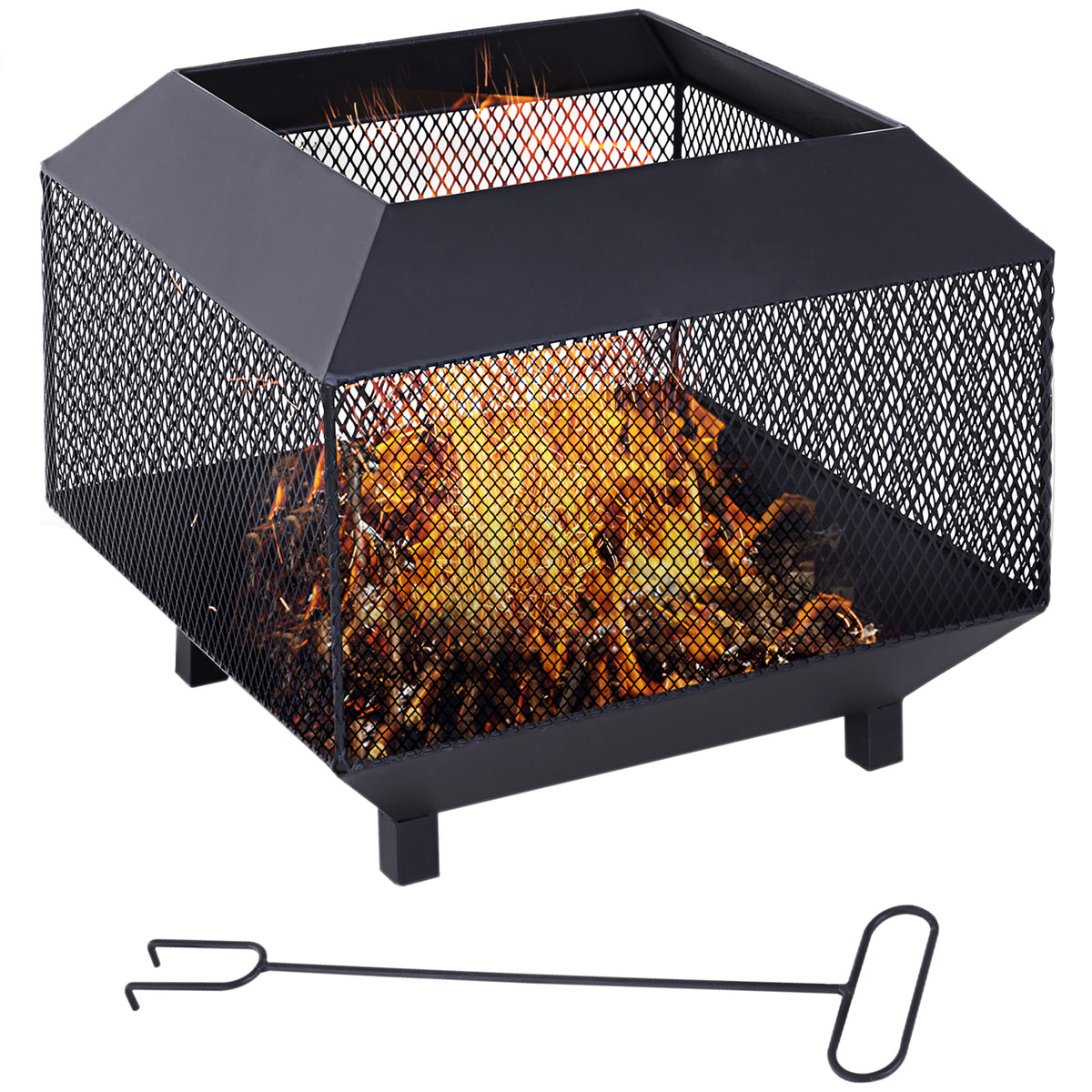 Kozy Metal Square Fire Pit Outdoor Mesh Firepit Brazier w/ Lid, Log Grate, Poker for Backyard, Camping, Bonfire, Wood Burning Stove, 44 x 44 x 40cm, Black