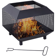 Kozy Metal Square Fire Pit Outdoor Mesh Firepit Brazier w/ Lid, Log Grate, Poker for Backyard, Camping, Bonfire, Wood Burning Stove, 44 x 44 x 40cm, Black