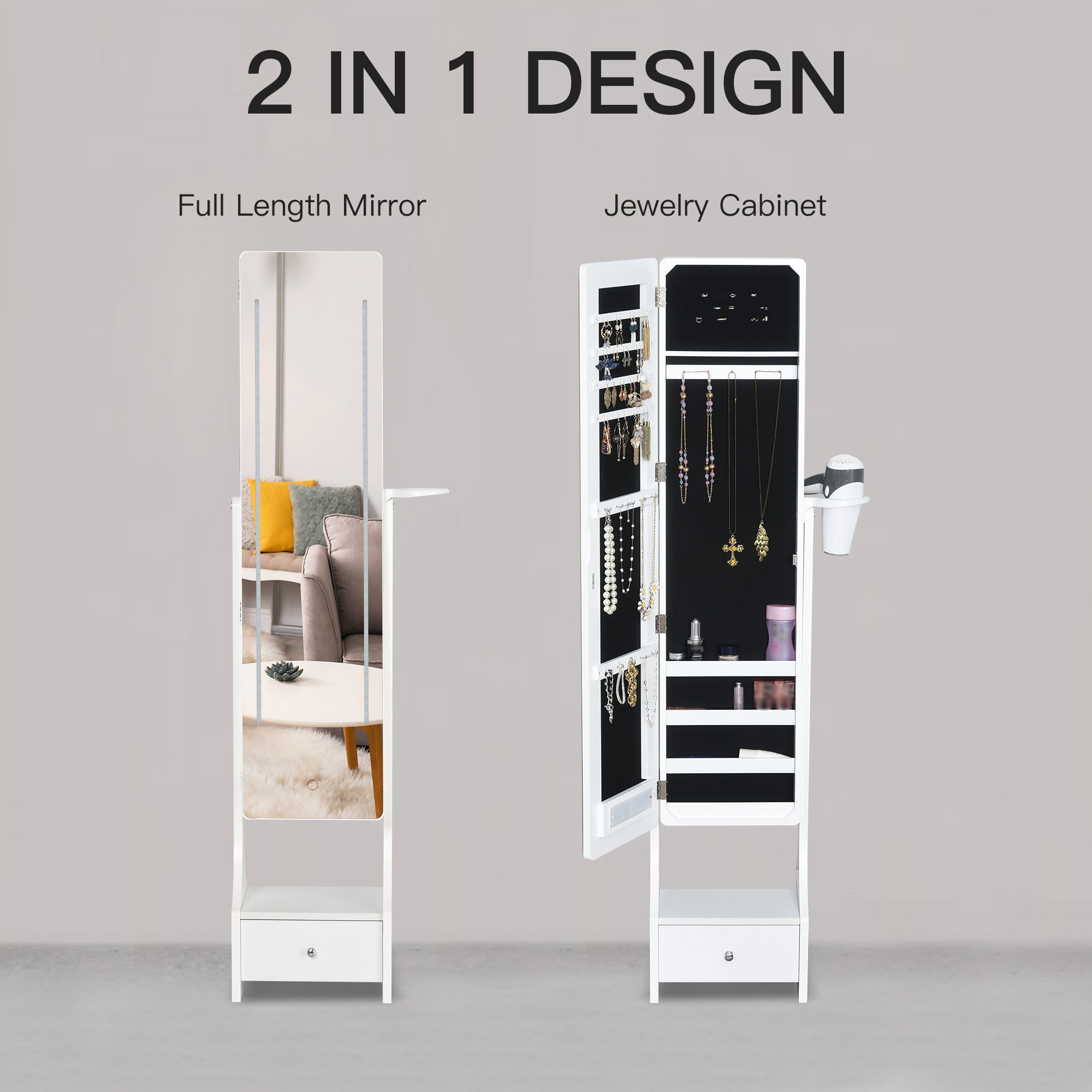 Kozy Jewellery Cabinet, Full Length Mirror with Storage, Free Standing Mirror with LED Lights, Hooks, Drawer and Hairdryer Holder for Bedroom, White