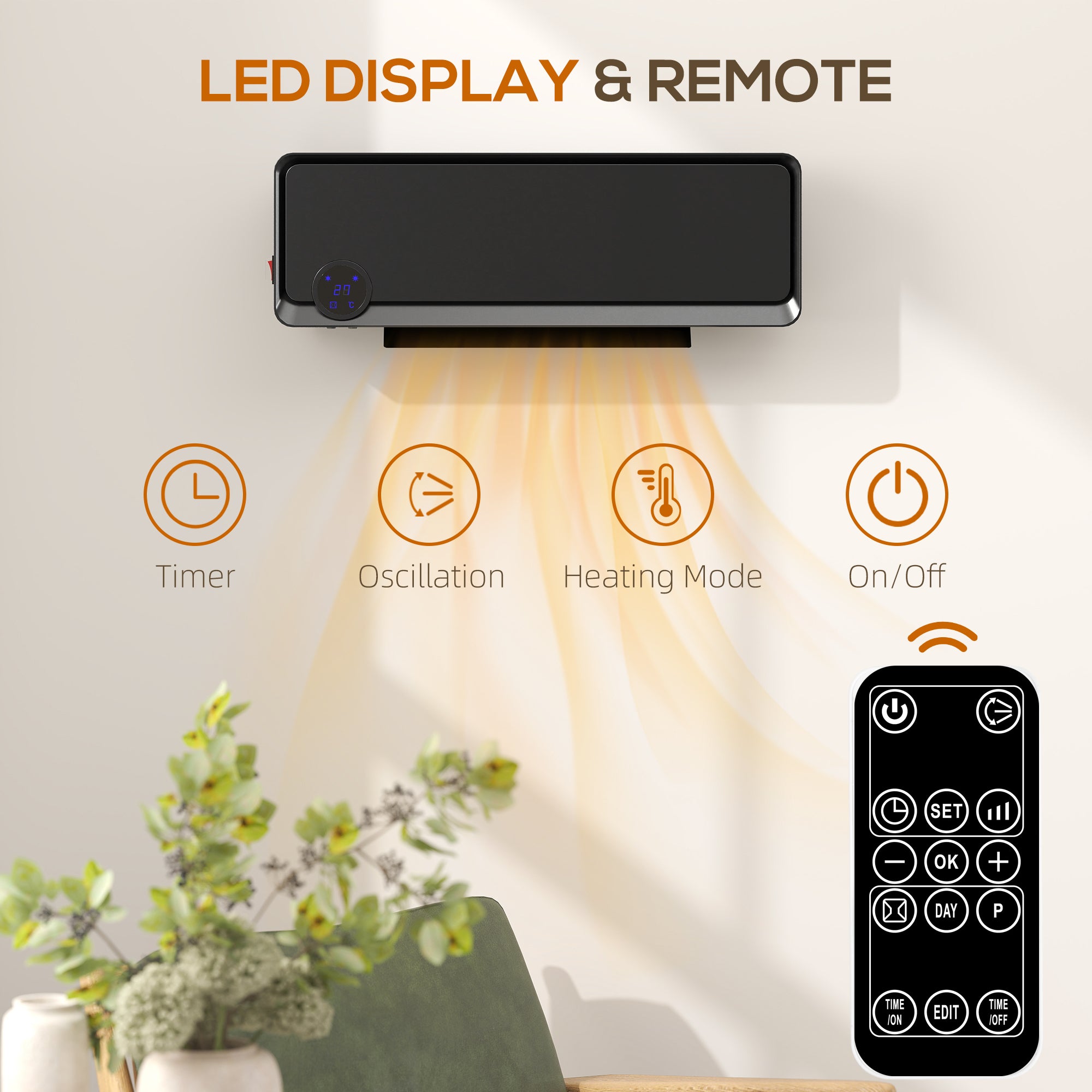 Kozy - Wall Downflow Heater 2 Heat and Fan 1000W/2000W, Electric Space Heater with Timer Remote Oscillating, for Bedroom Home Office, Black