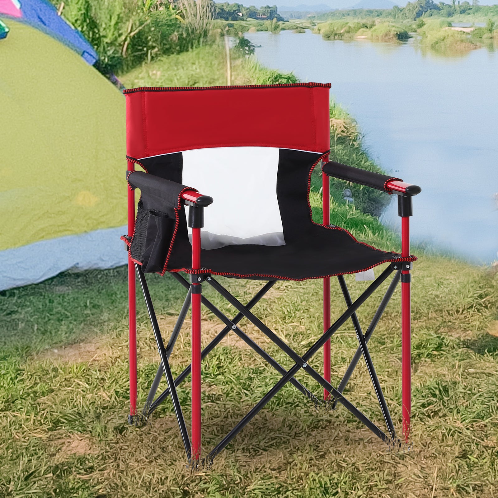 Outsunny Portable Folding Camping Chair, Durable Metal Frame with Comfortable Sponge Padding and Convenient Storage Pockets, Eye