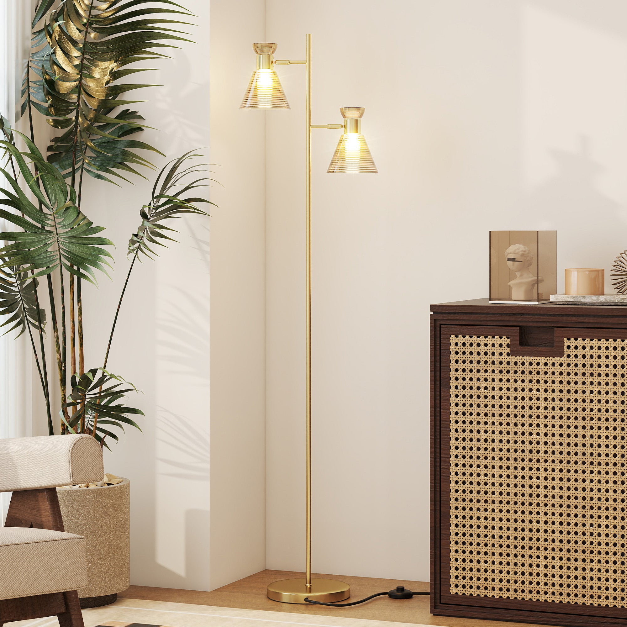 Kozy Floor Lamp with Adjustable Dual Head, Modern Standing Lamp with Floral Glass Shades and Foot Switch for Living Room Bedroom, E27 Socket, Bulb Not Included, Gold Tone