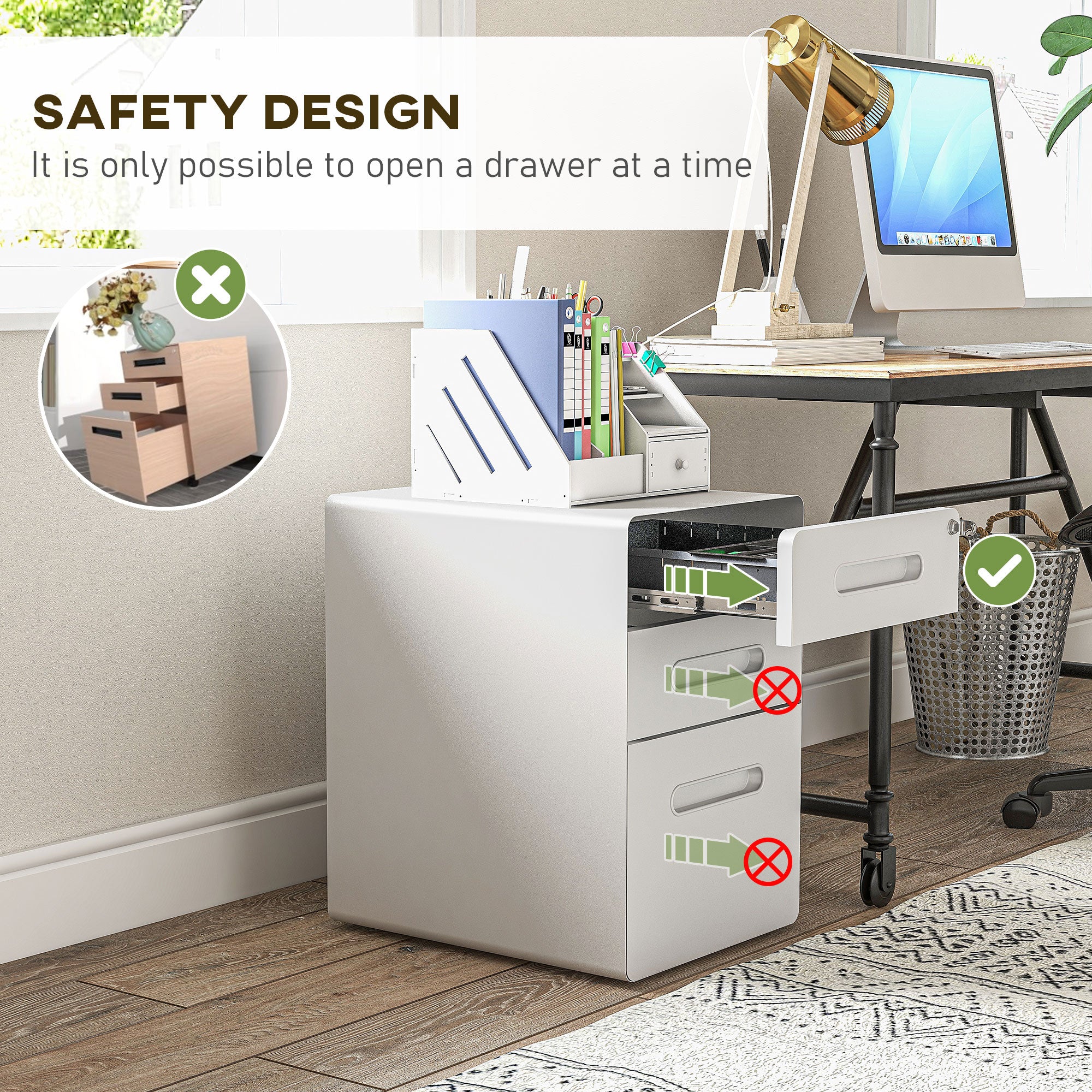 Kozy Lockable File Cabinet with 3 Drawers, Vertical Office Drawer for A4, Letter, Legal Size, Anti-tilt Design, Pre-Assembled Body, White