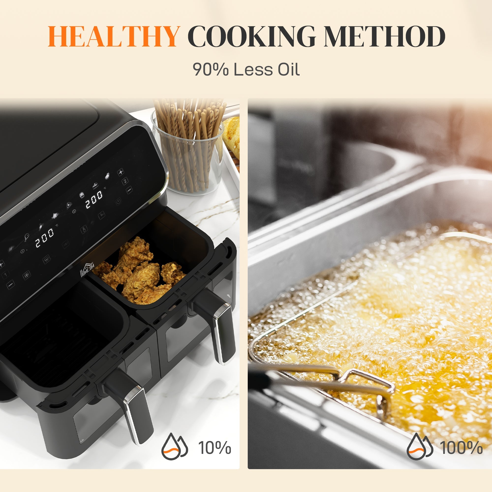 HOMCOM Dual Air Fryer, 8L Family Size Double Air Fryer Oven w/ 8-In-1 Presets, Smart Finish, Digital Display, Visual Window, Timer for Oil | Aosom UK