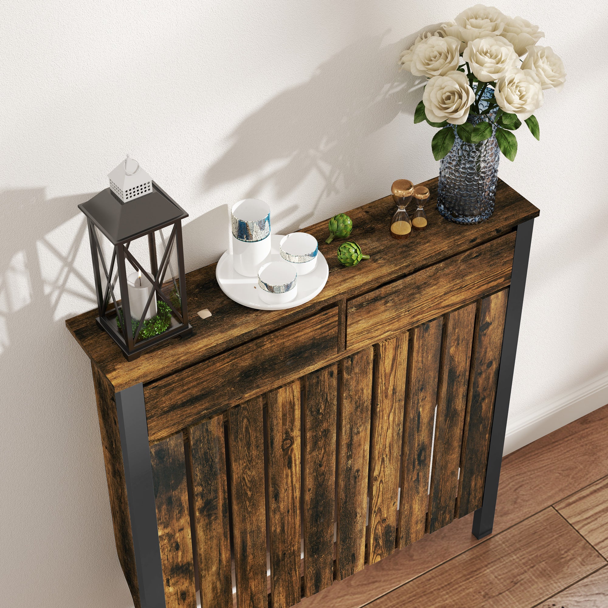 Kozy - 93 x 88.5cm Rustic-Look Radiator Cover - Brown/Black