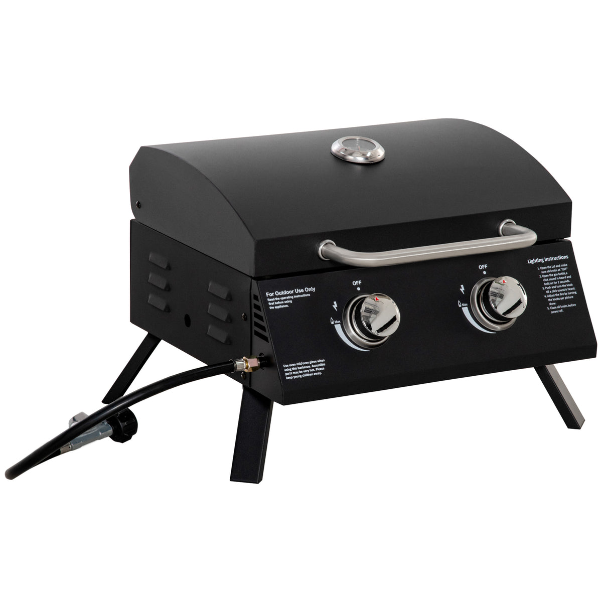 Kozy 2 Burner Gas BBQ Grill Outdoor Portable Folding Tabletop Barbecue w/ Lid, Thermometer, Carbon Steel, Black