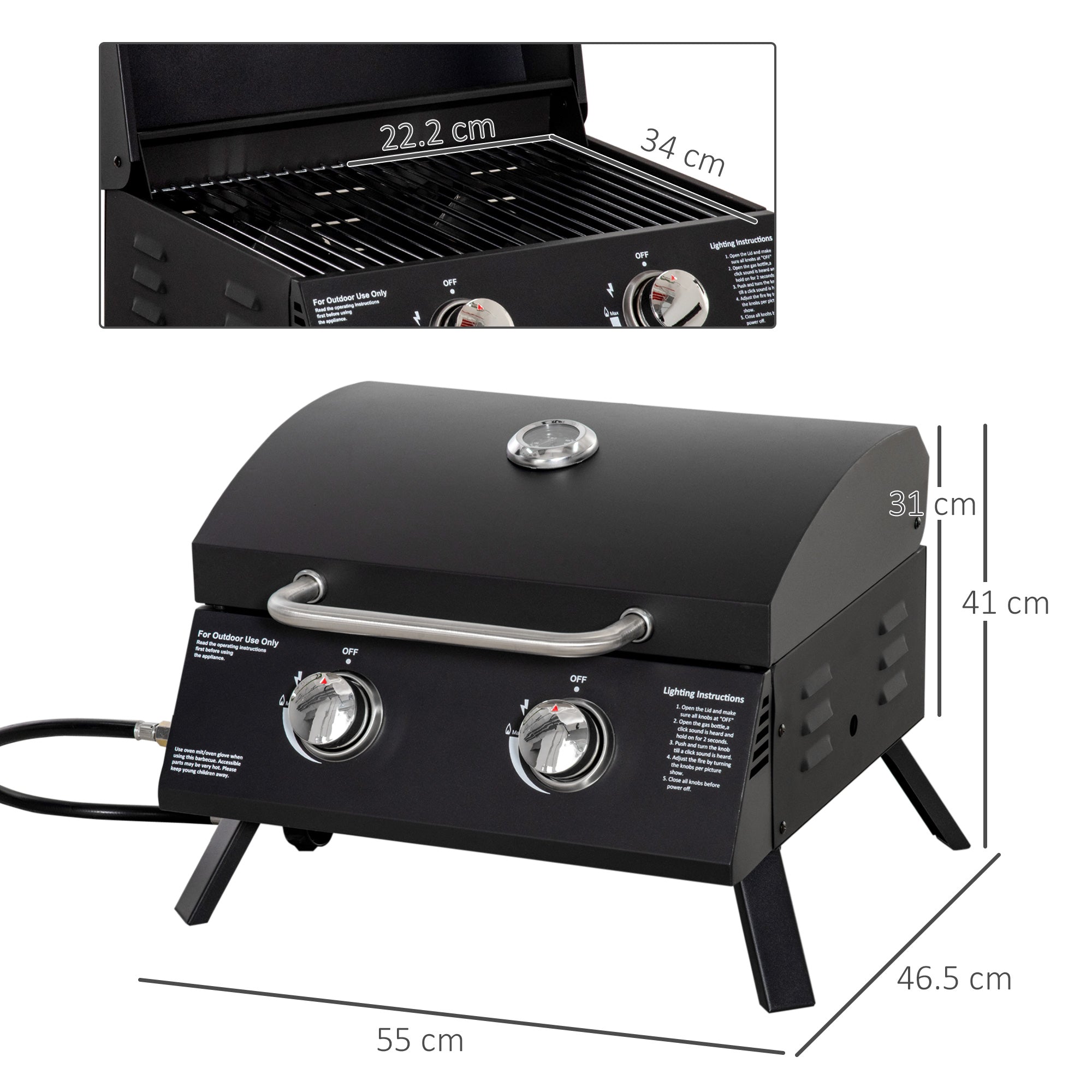 Kozy 2 Burner Gas BBQ Grill Outdoor Portable Folding Tabletop Barbecue w/ Lid, Thermometer, Carbon Steel, Black