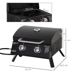 Kozy 2 Burner Gas BBQ Grill Outdoor Portable Folding Tabletop Barbecue w/ Lid, Thermometer, Carbon Steel, Black