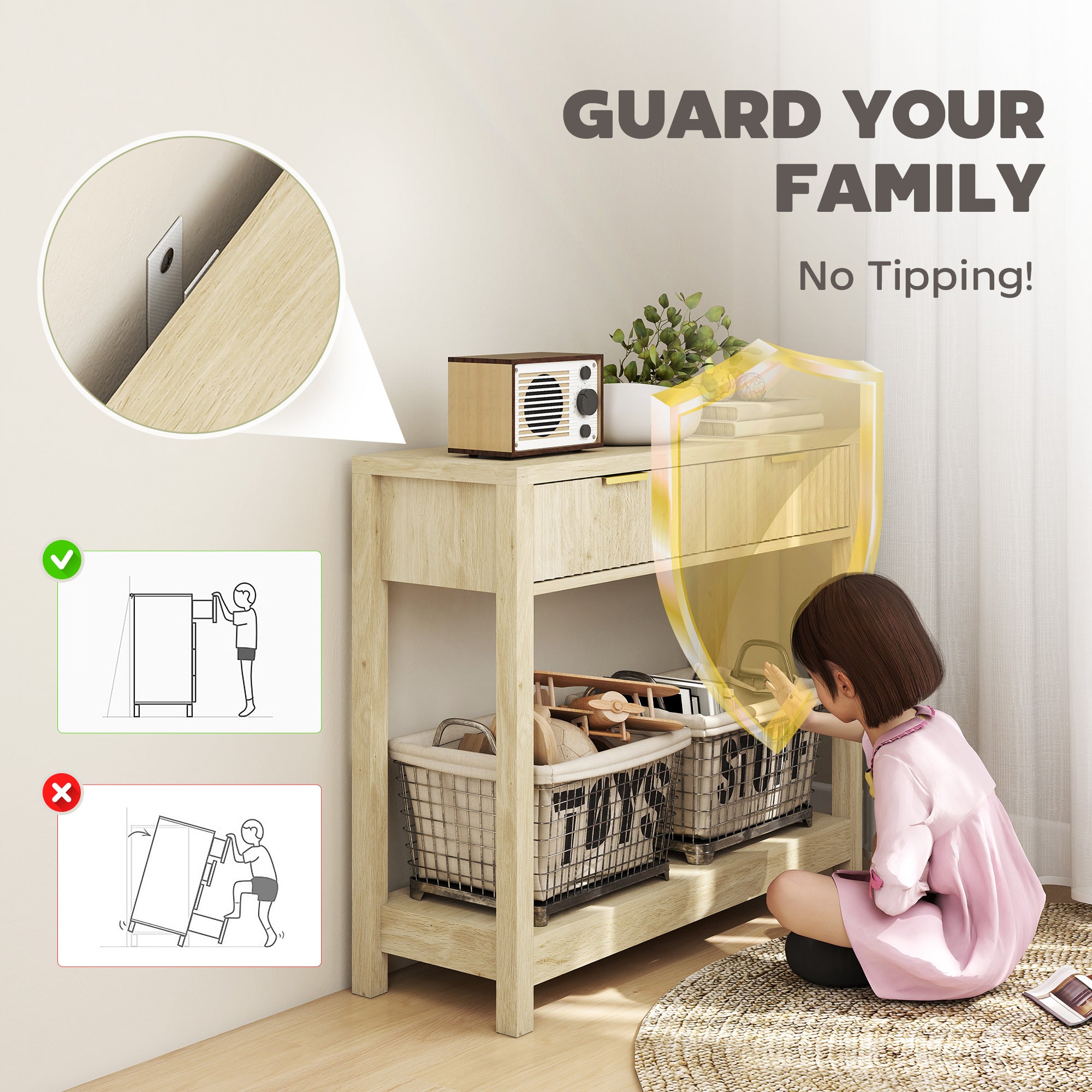 Kozy - Modern Console Table with Fluted Panel Drawers, Narrow Hallway Table with Shelf for Entryway, Living Room, 90 x 30 x 76 cm, Natural Wood Finish