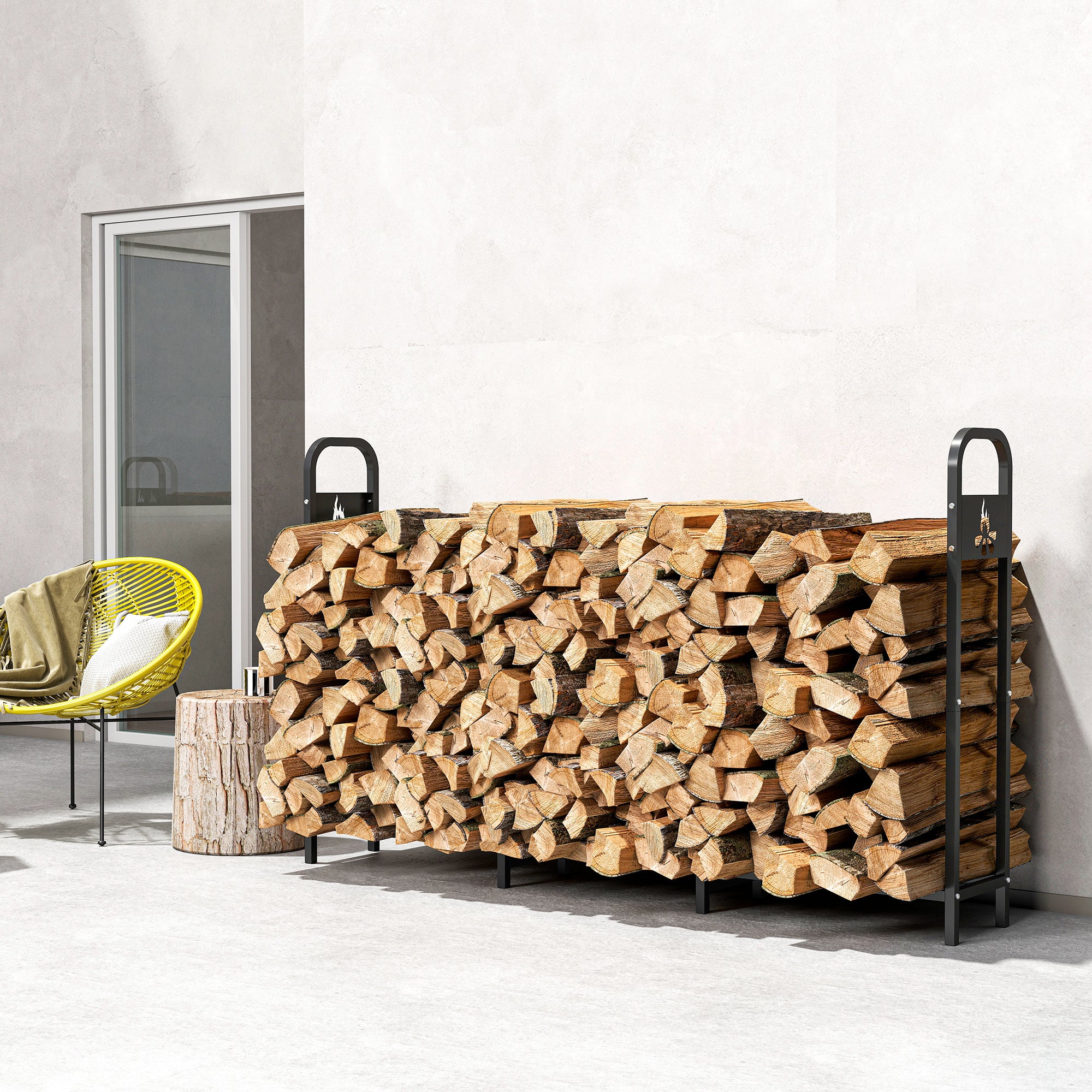 Kozy 6.5 FT Steel Firewood Log Rack with 300 kg Capacity, Heavy Duty Indoor Outdoor Fireplace Wood Storage Shelf, Log Holder/Stand with Extra Support Legs, Decorative Bonfire Pattern, Black