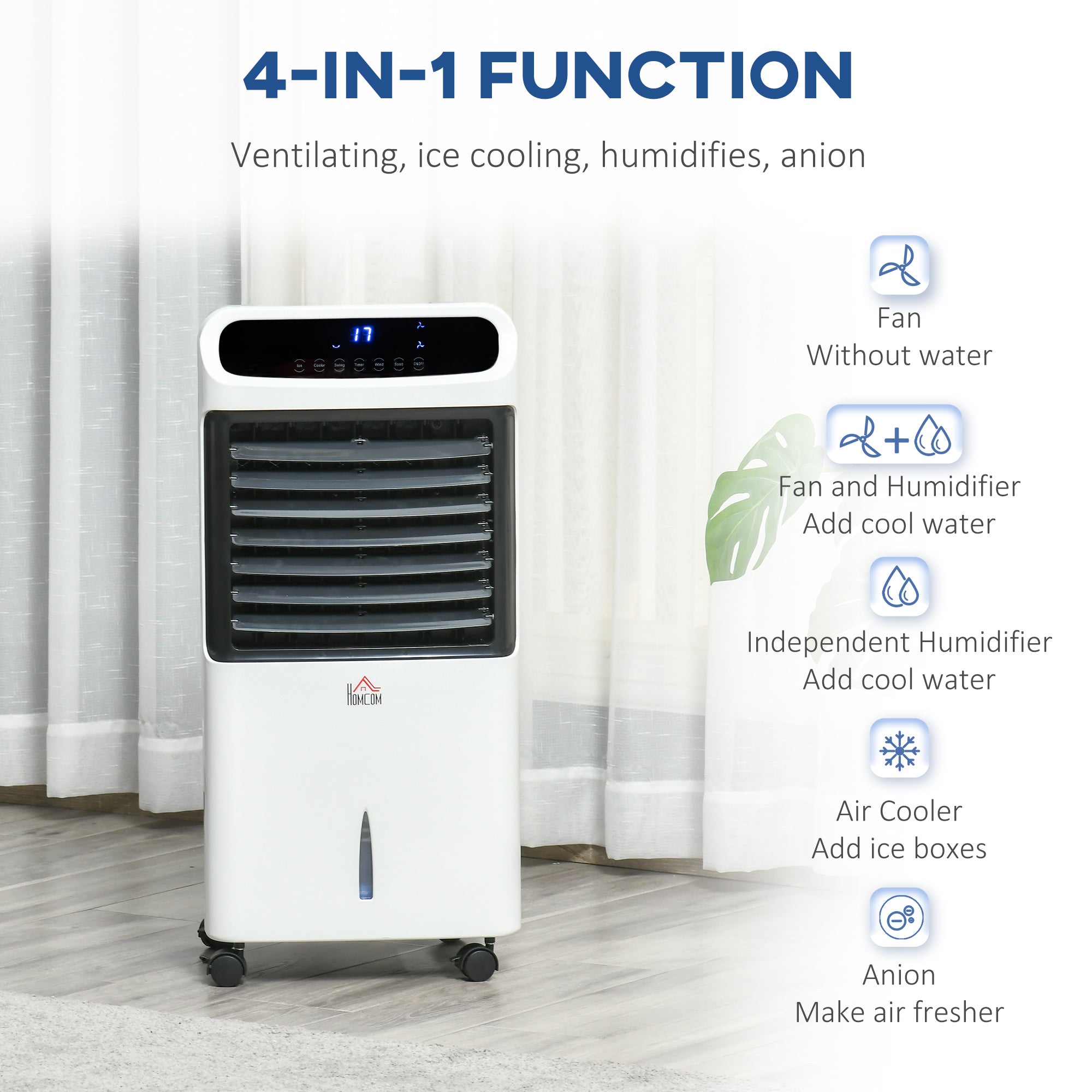 HOMCOM 32" Mobile Air Cooler, Evaporative Anion Ice Cooling Fan Water Conditioner Humidifier Unit w/3 Modes, Remote Controller, Timer | Aosom UK