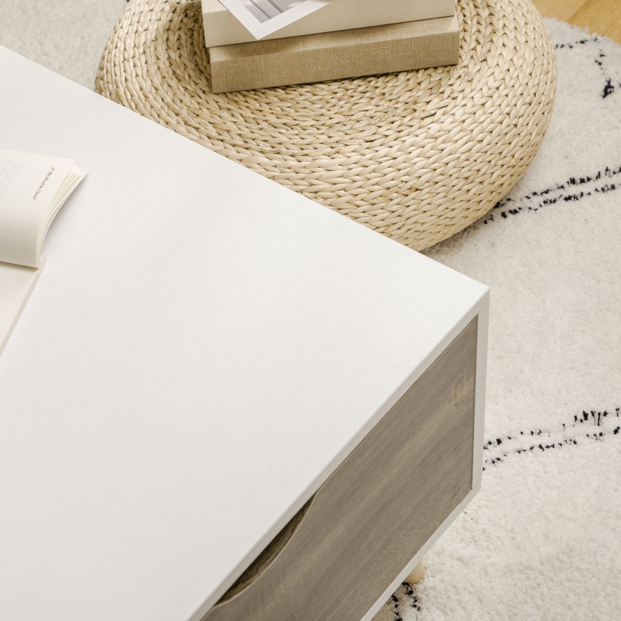 Kozy Coffee Table, Modern Tea Table with Open Storage Shelves, Two Drawers and Solid Wood Legs, Coffee Tables for Living Room, Bed Room, White