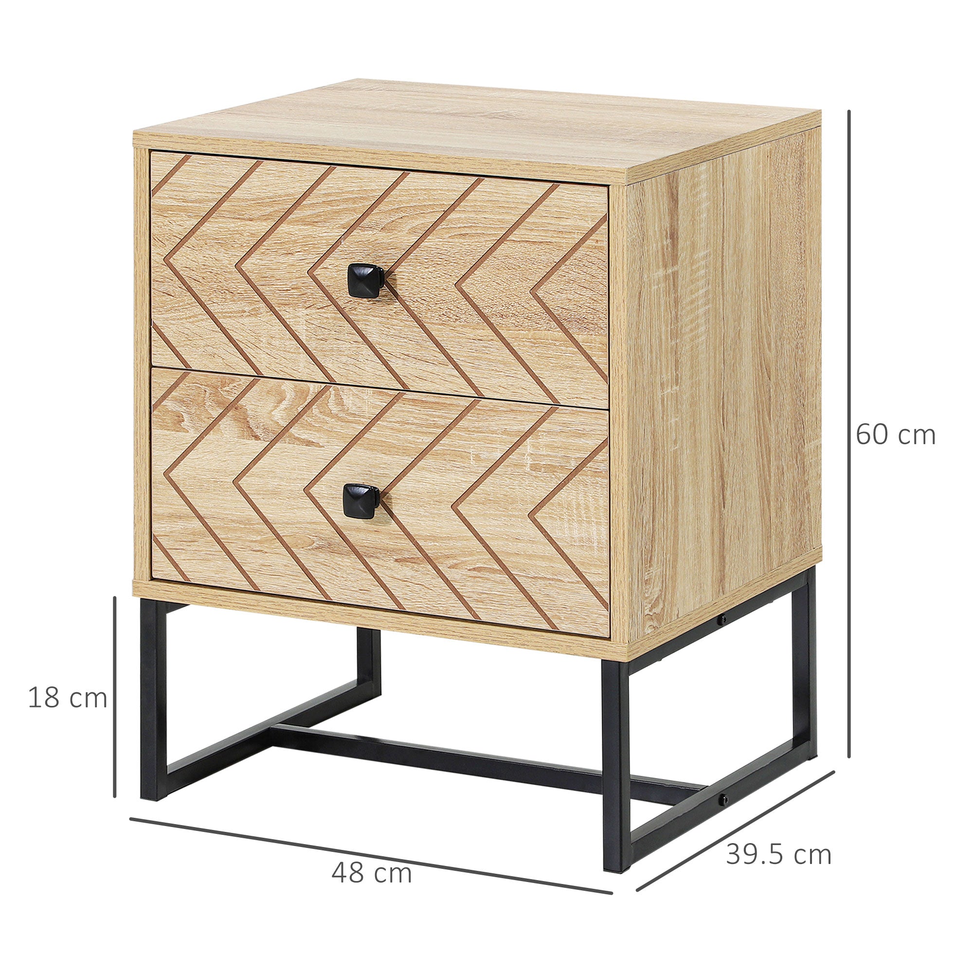 Kozy Bedside Table Nightstand Two-Drawer Bedroom Storage Unit Zig Zag Design with Black Metal Handles, Natural