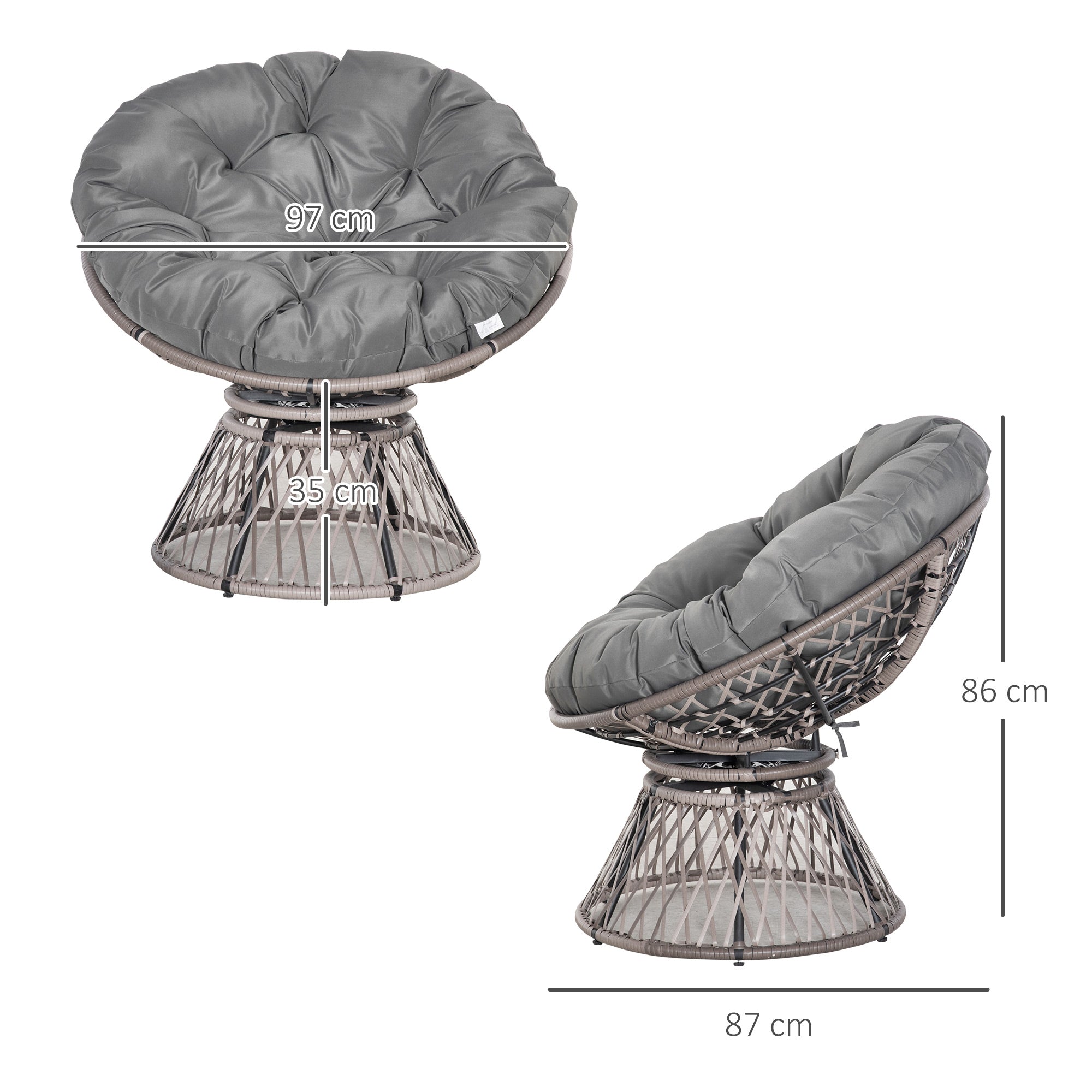 Kozy 360° Swivel Rattan Papasan Moon Bowl Chair Round Lounge Garden Wicker Basket Seat with Padded Cushion Oversized for Outdoor Indoor, Grey