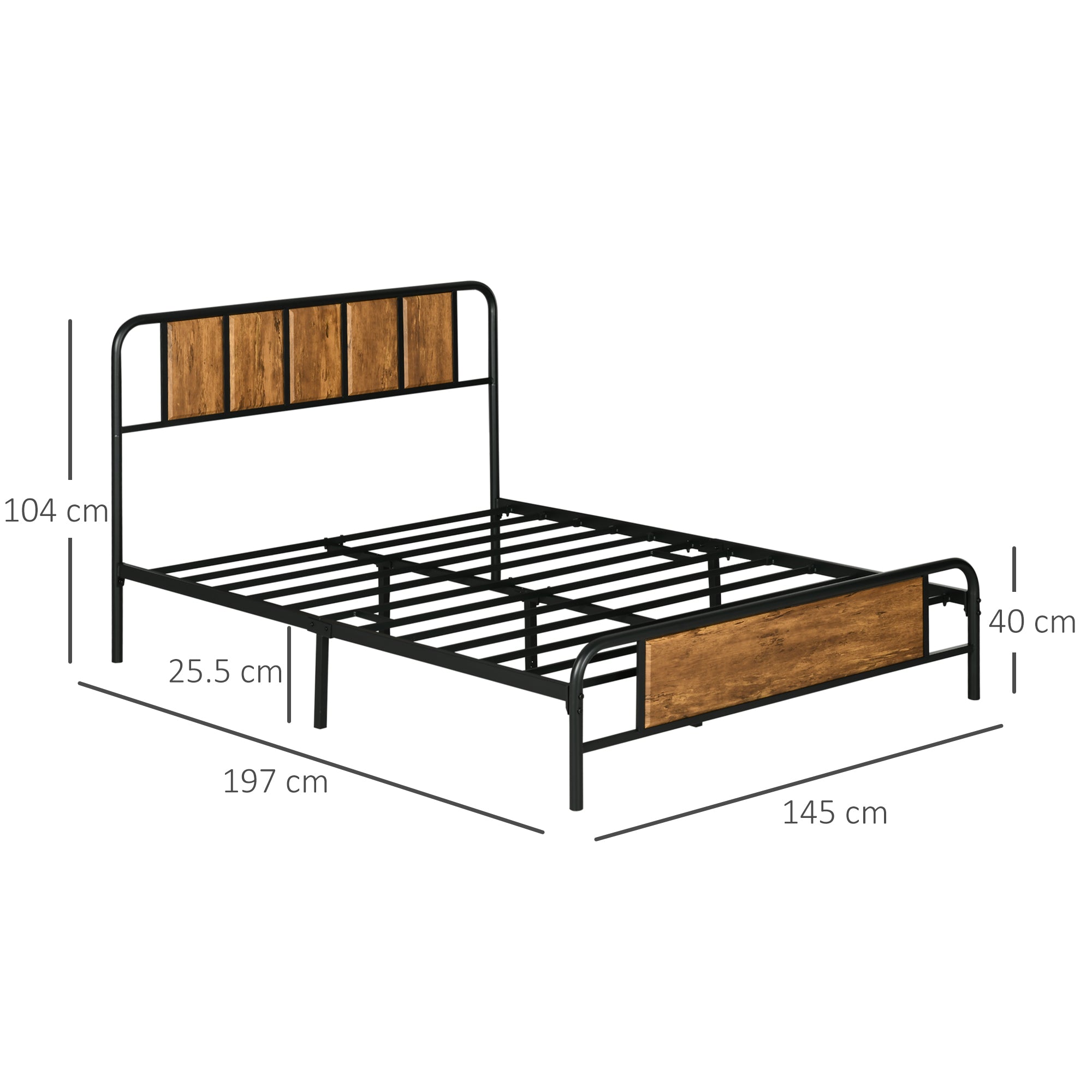 4.8ft Double Bed Frame with Industrial Wood Headboard, Steel Slat Support and 25.5cm Underbed Storage Space, 145 x 197cm, Rustic Brown