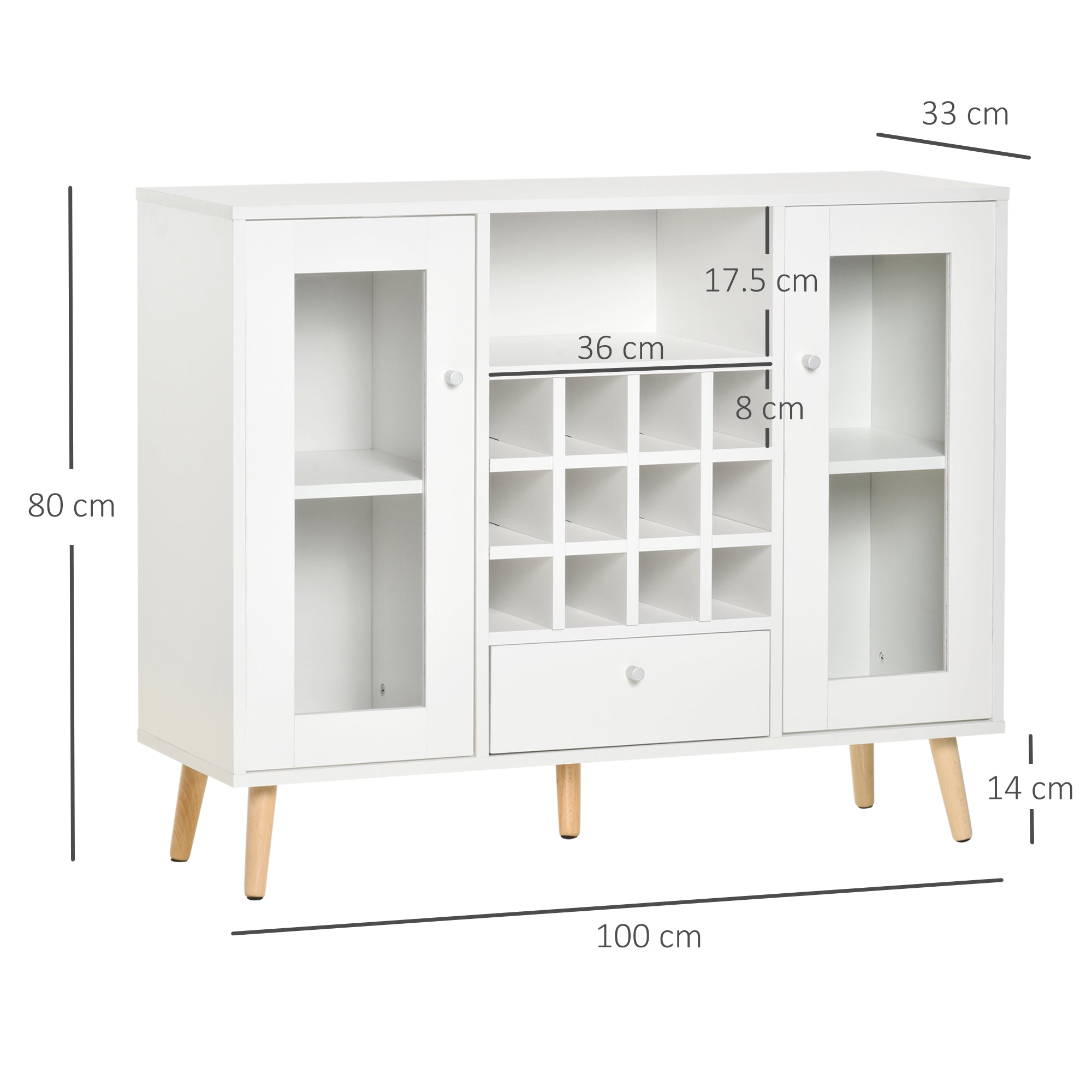 Kozy Modern Sideboard Storage Cabinet Kitchen Cupboard Dining Bar Server with Glass Doors, Drawer & 12-Bottle Wine Rack for Living Room, White