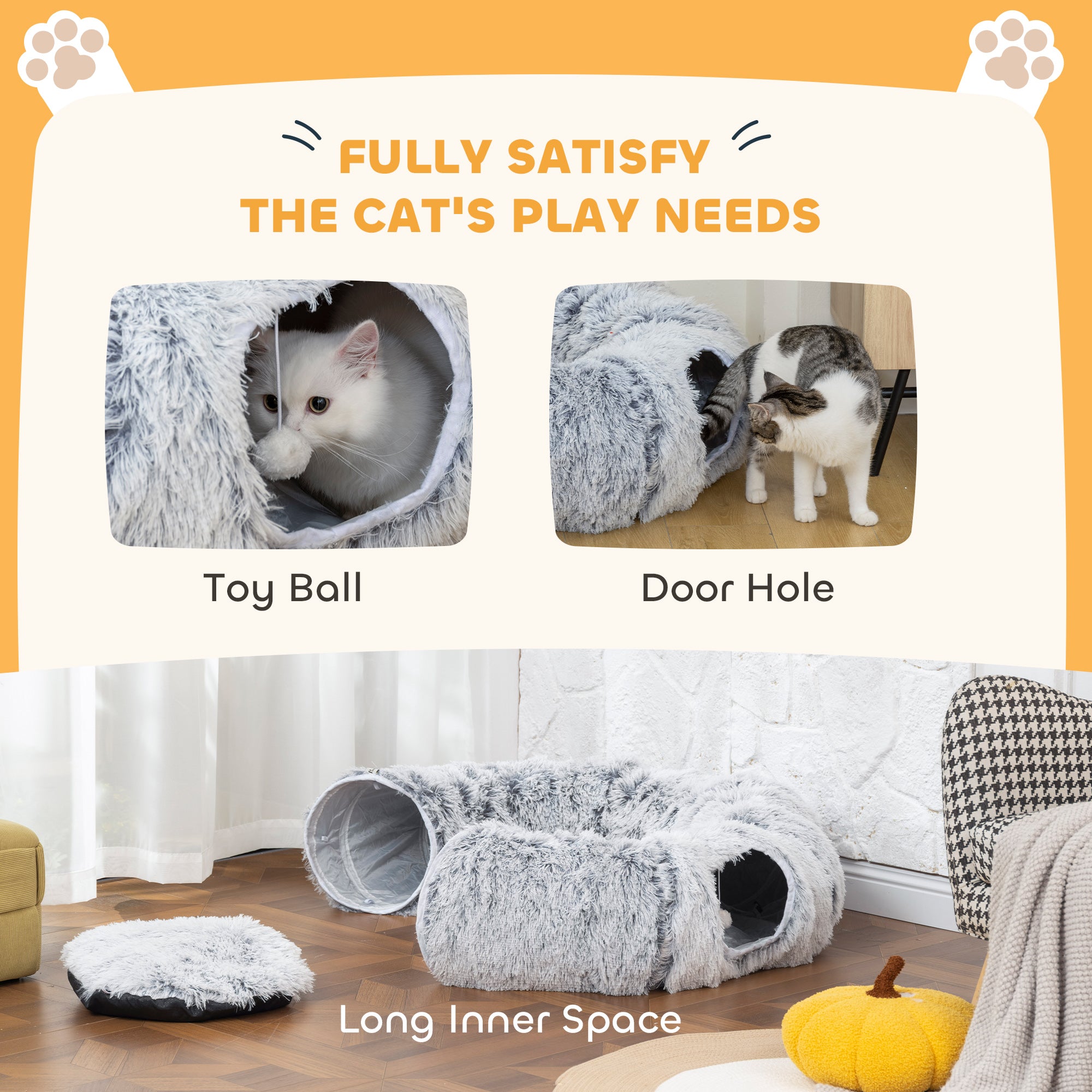 Kozy - 2-in-1 Donut Cat Tunnel with Washable Bed, Play Tunnel Bed with Toy Ball and Door Hole for Indoor Cats, Light Grey