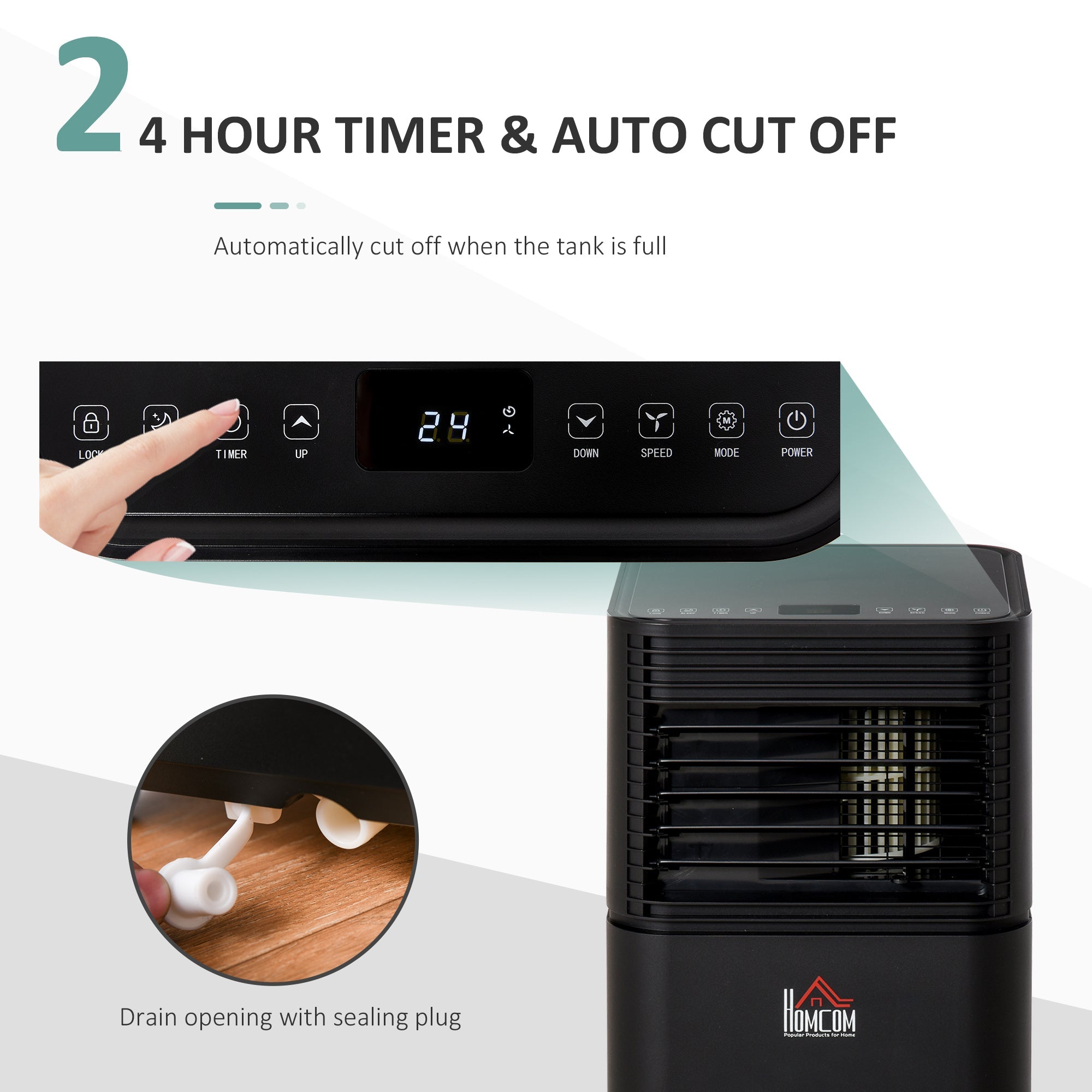 HOMCOM 9000 BTU 4-In-1 Compact Portable Mobile Air Conditioner Unit Cooling Dehumidifying Ventilating w/ Fan Remote LED 24h Timer, Black | Aosom UK