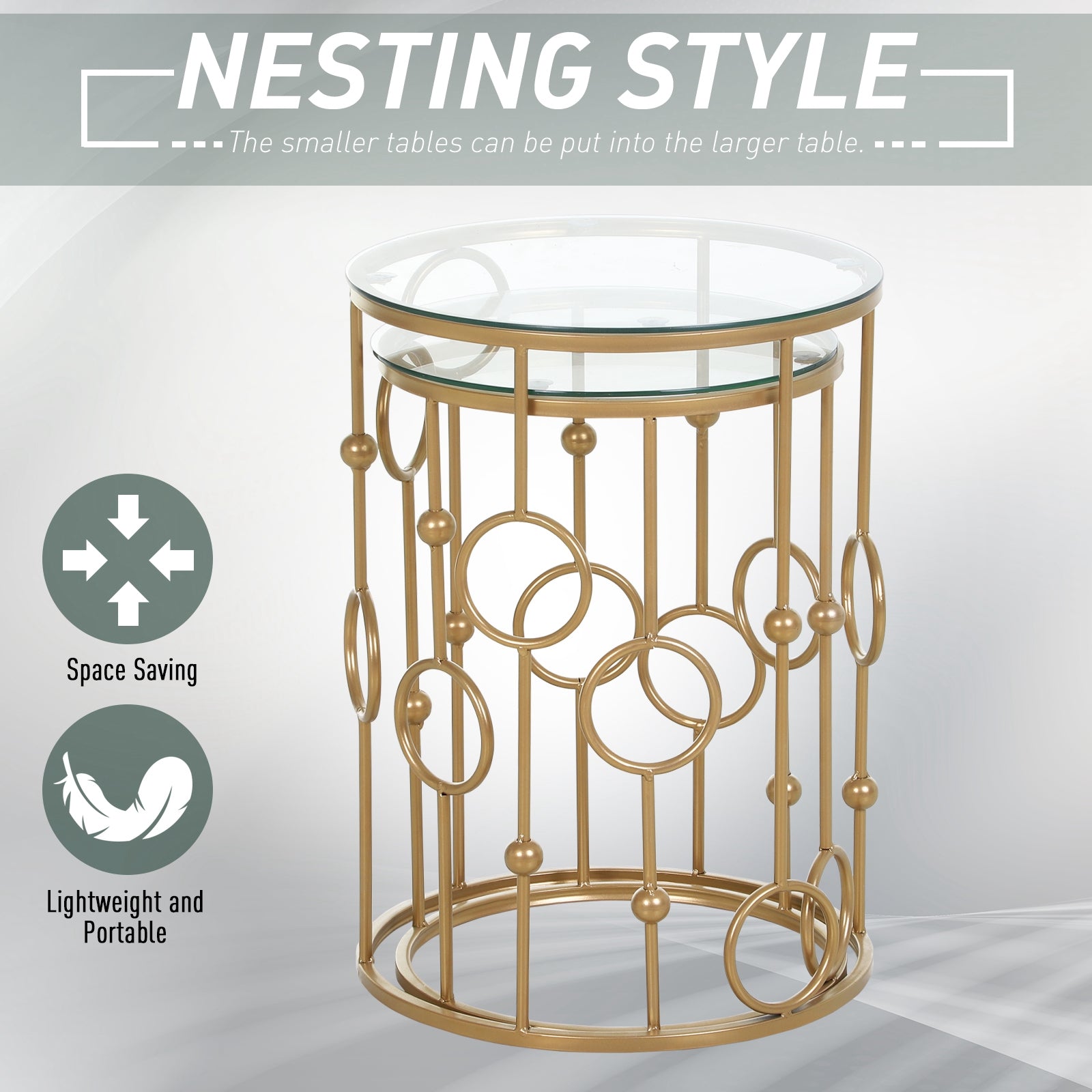 HOMCOM Round Coffee Tables Set of 2, Gold Nest of Tables with Tempered Glass Top, Steel Frame for Living Room, Gold