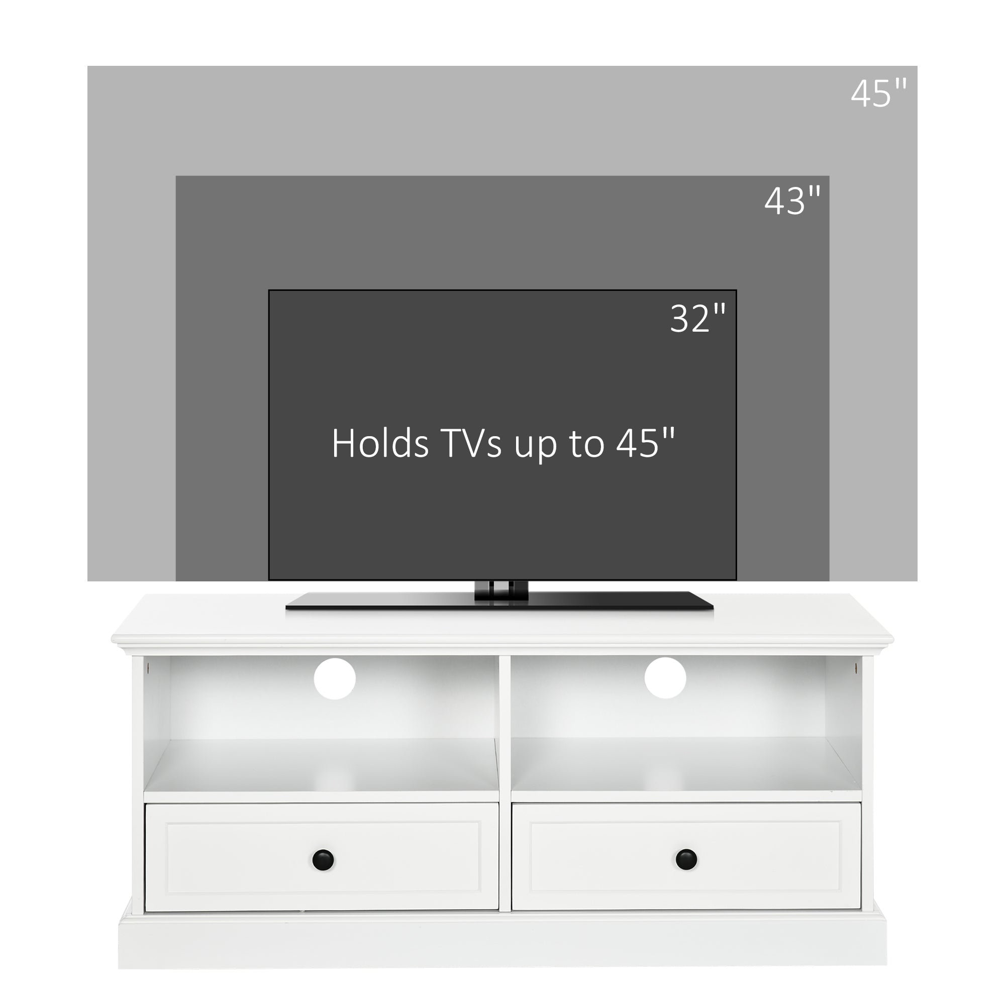Kozy Modern TV Unit Cabinet for TVs up to 45 Inches, TV Stand with Drawers, Open Shelves, Cable Holes for Living Room, White
