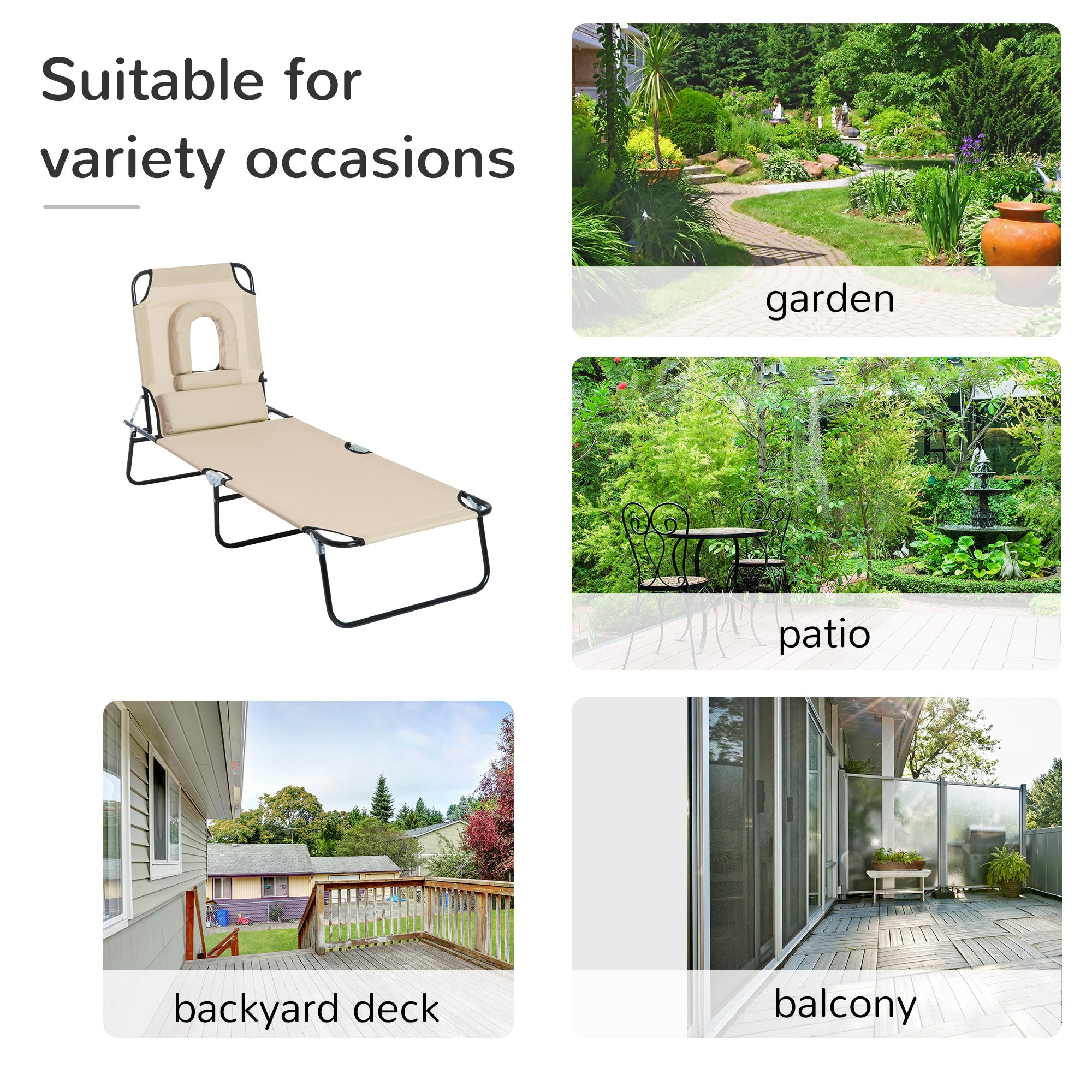 Kozy Outdoor Folding Sun Lounger with Face Hole, 4 Level Adjustable Backrest Reclining Garden Lounger, Garden Recliner Sunbed with 600 D Oxford Cloth Seat and Pillow for Beach, Beige