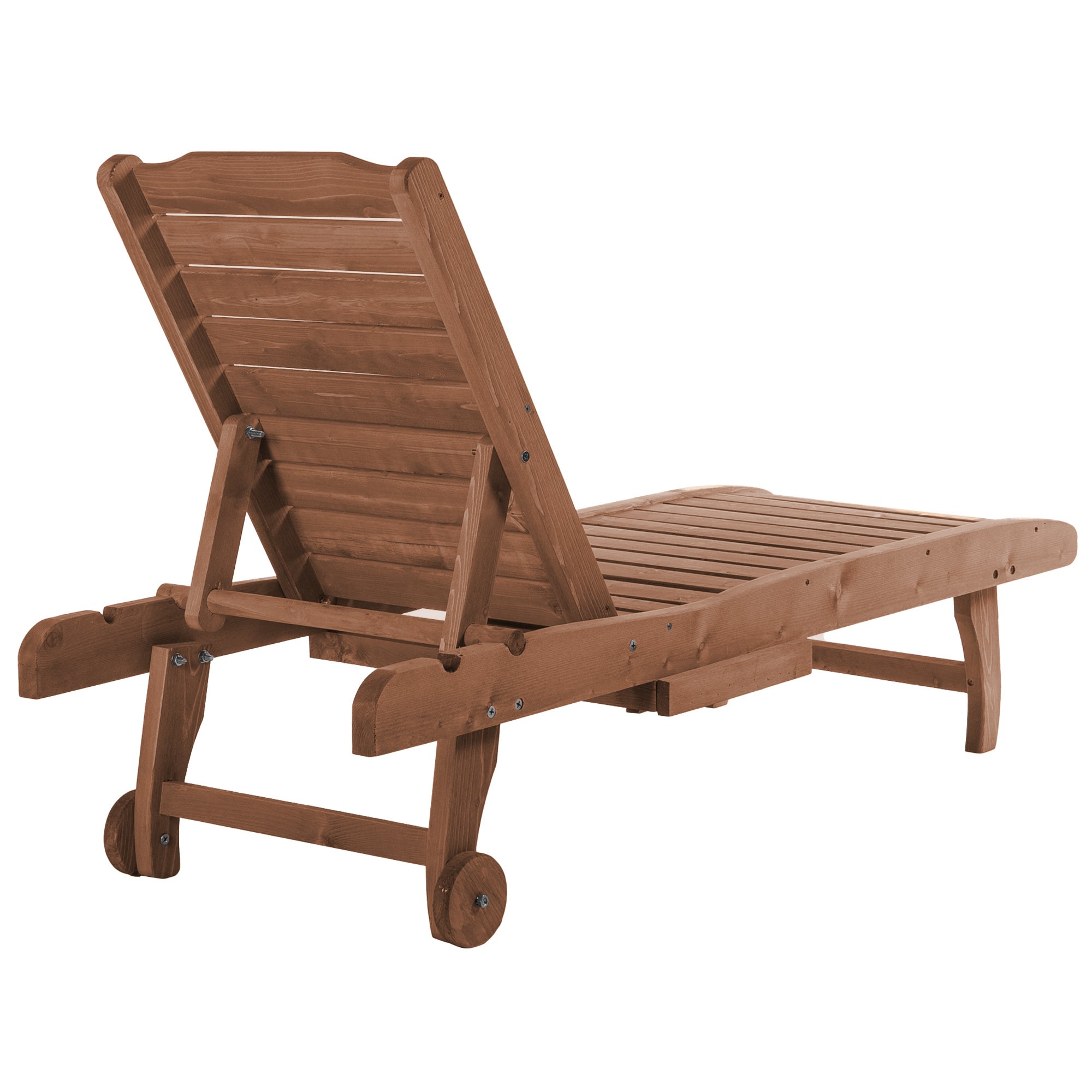 Kozy Outdoor Wooden Lounger Chair, Sun Bed with Built-In Table, Adjustable Backrest and Wheels, Red Brown