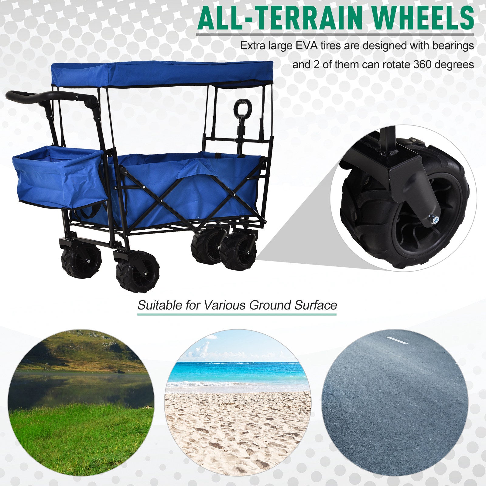 DURHAND Folding Trolley Cart Storage Wagon Beach Trailer 4 Wheels with Handle Overhead Canopy Cart Push Pull For Shopping Camping Garden