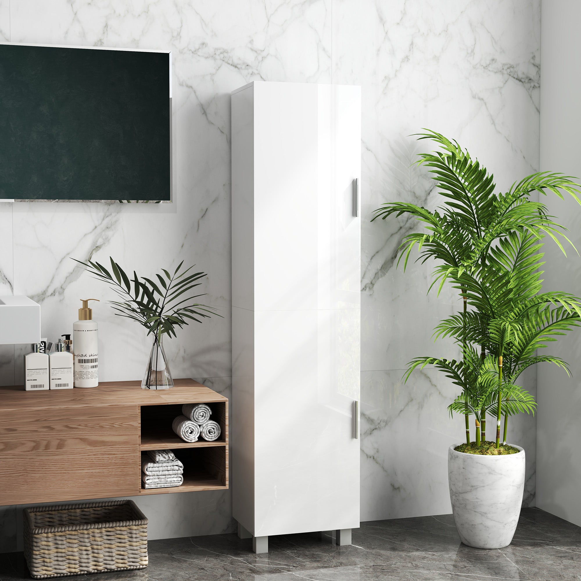 Kozy - Tall Bathroom Cabinet, Freestanding Bathroom Cabinet with Adjustable Shelves and Double Doors