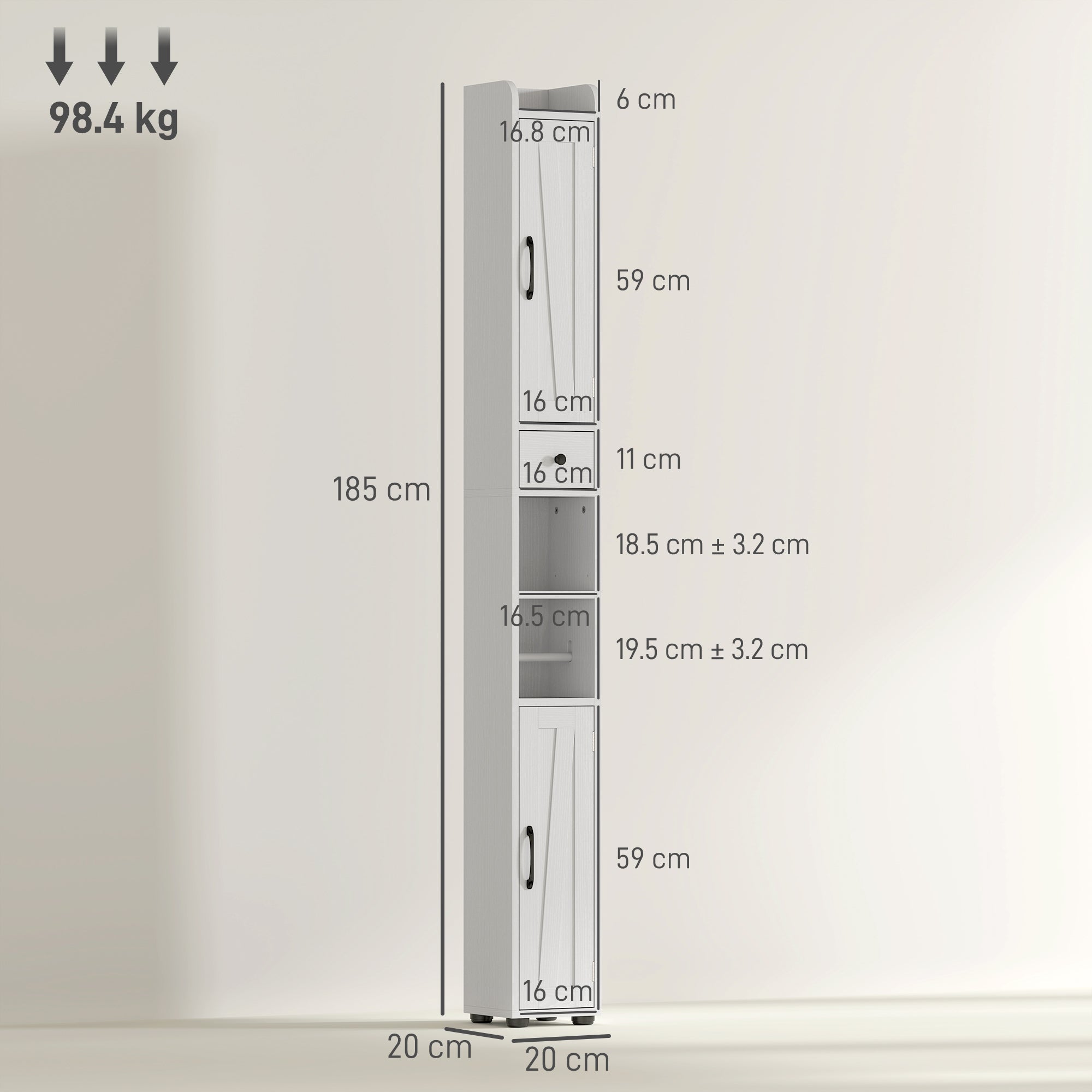 Kozy - Tall Bathroom Cabinet, Farmhouse Slim Bathroom Storage Cabinet with Barn Doors, Toilet Paper Roll Holder, Drawer and Adjustable Shelves, Narrow Bathroom Storage Unit, 20 x 20 x 185cm, White