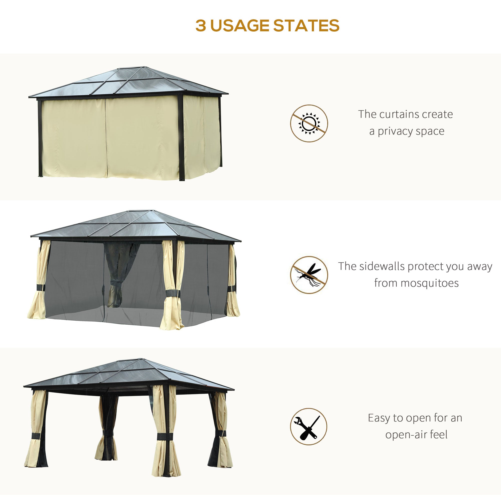 Outsunny 4 x 3.6(m) Hardtop Gazebo Canopy with Polycarbonate Roof and Aluminium Frame, Garden Pavilion with Mosquito Netting and Curtains