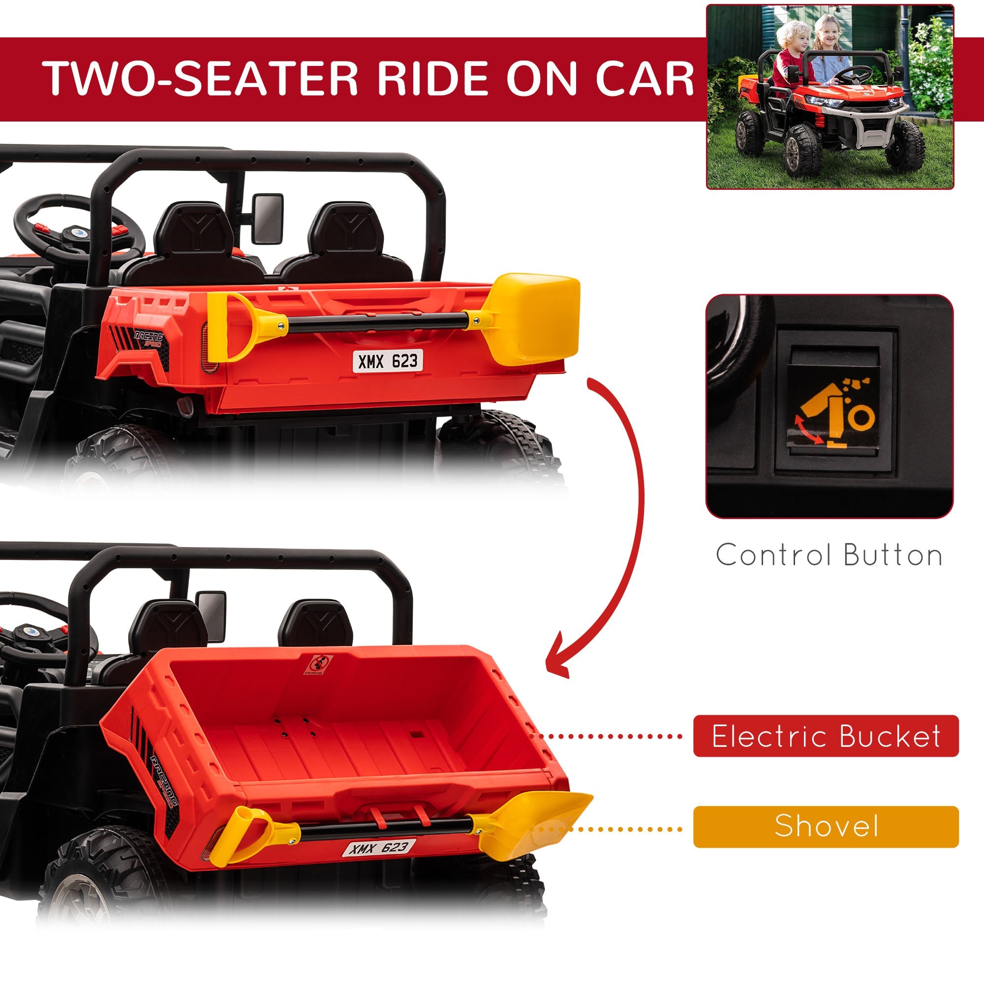 HOMCOM 12V Two-Seater Kids Electric Ride-On Car, with Electric Bucket, Remote Control - Red | Aosom UK