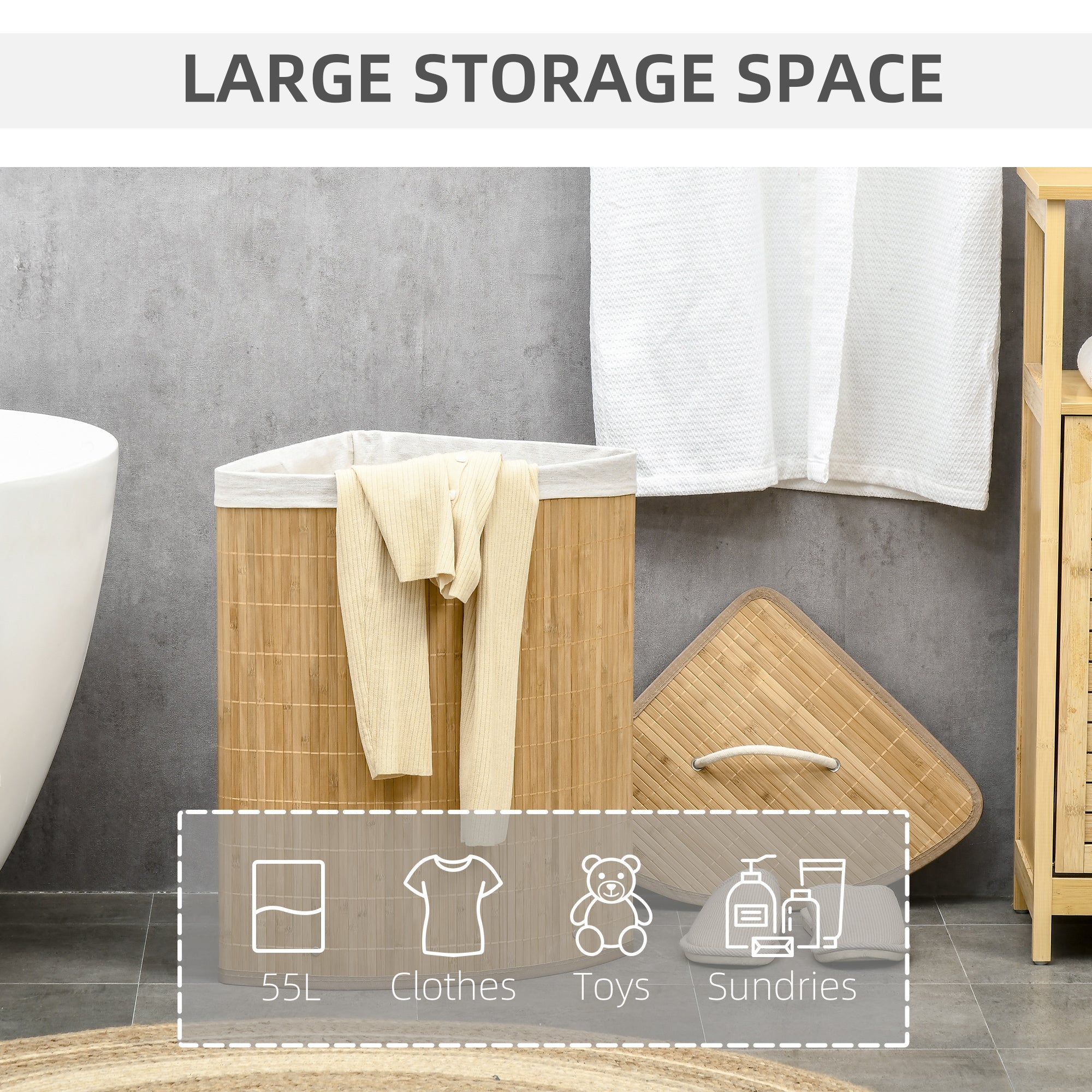 HOMCOM Bamboo Laundry Basket with Lid, 55 Litres Laundry Hamper w/ Removable Washable Lining, Corner Washing Baskets, Natural | Aosom UK