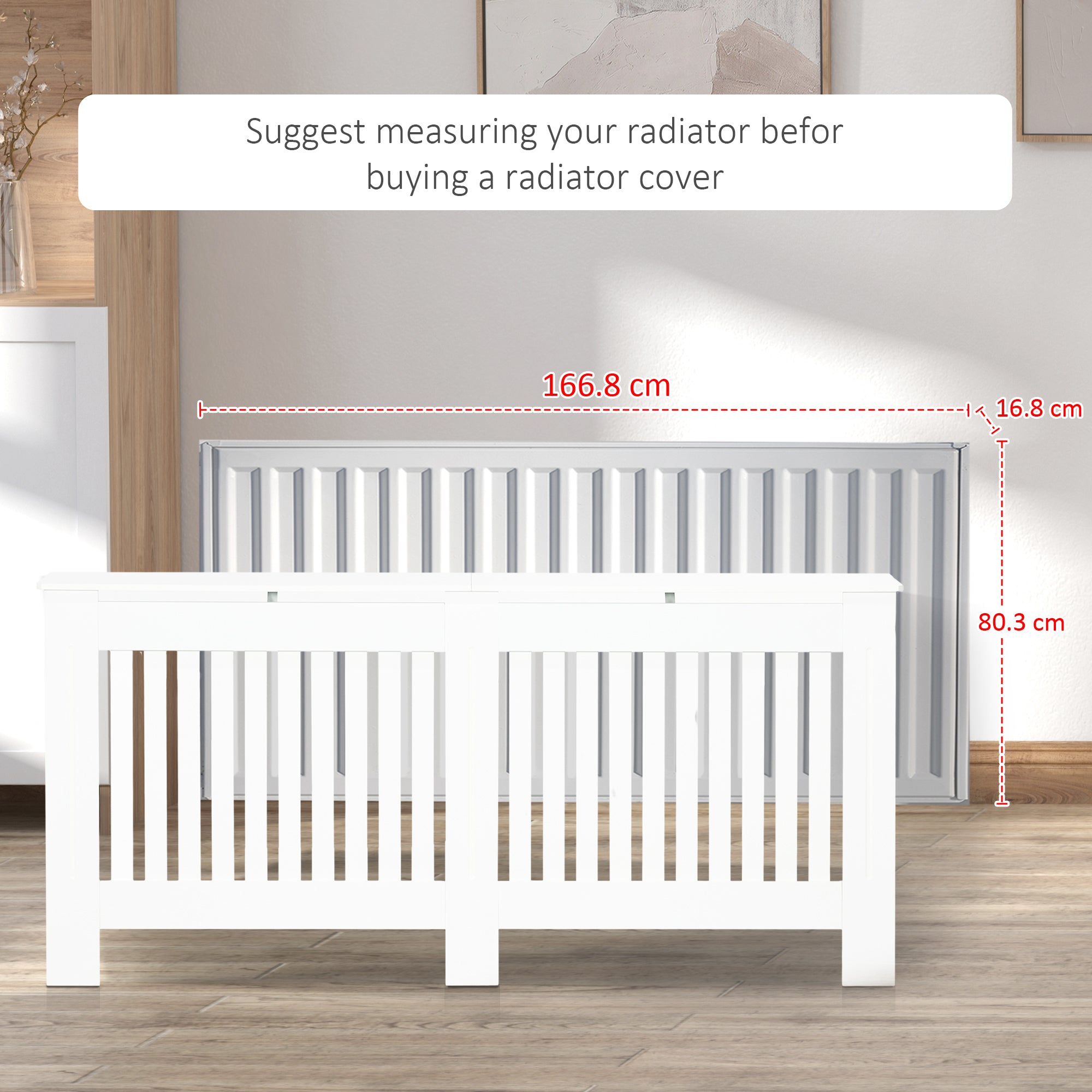 HOMCOM Slatted Radiator Cover Painted Cabinet MDF Lined Grill in White 172L x 19W x 81H cm